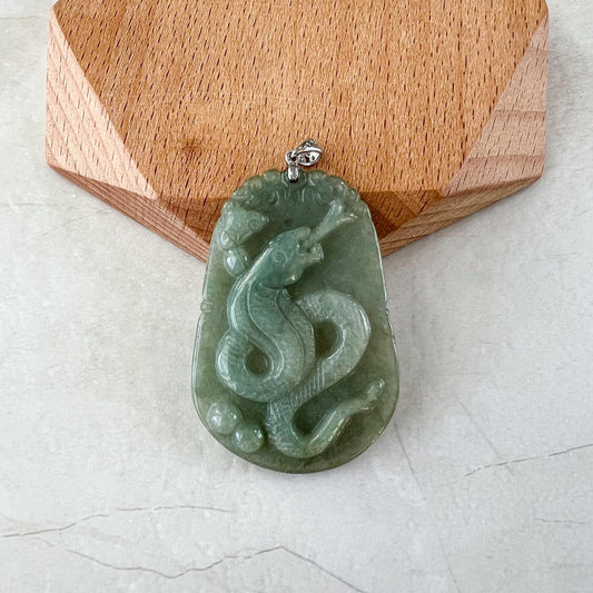Guardian Snake Jade Pendant with Sterling Silver Bail, Jadeite Jade Snake Chinese Zodiac Carved Pendant Necklace, NVN-0424-1749423233