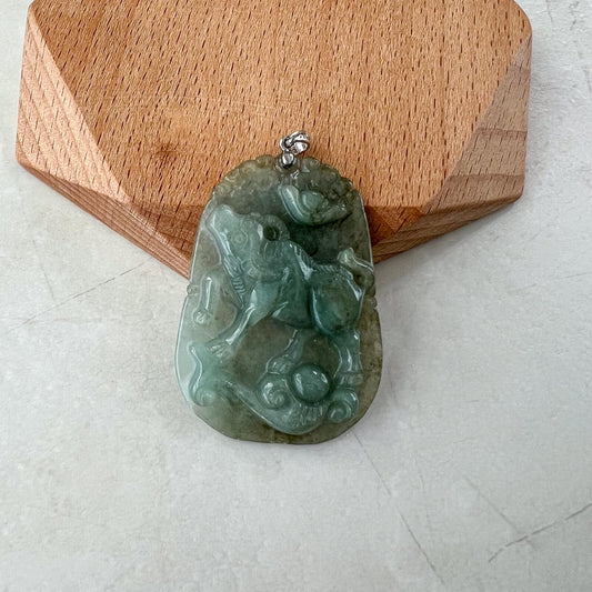 Fortune Luck Ox Jade Pendant with Sterling Silver Bail, Jadeite Jade Ox Bull Cow Chinese Zodiac Carved Necklace, NVN-0424-1749440017
