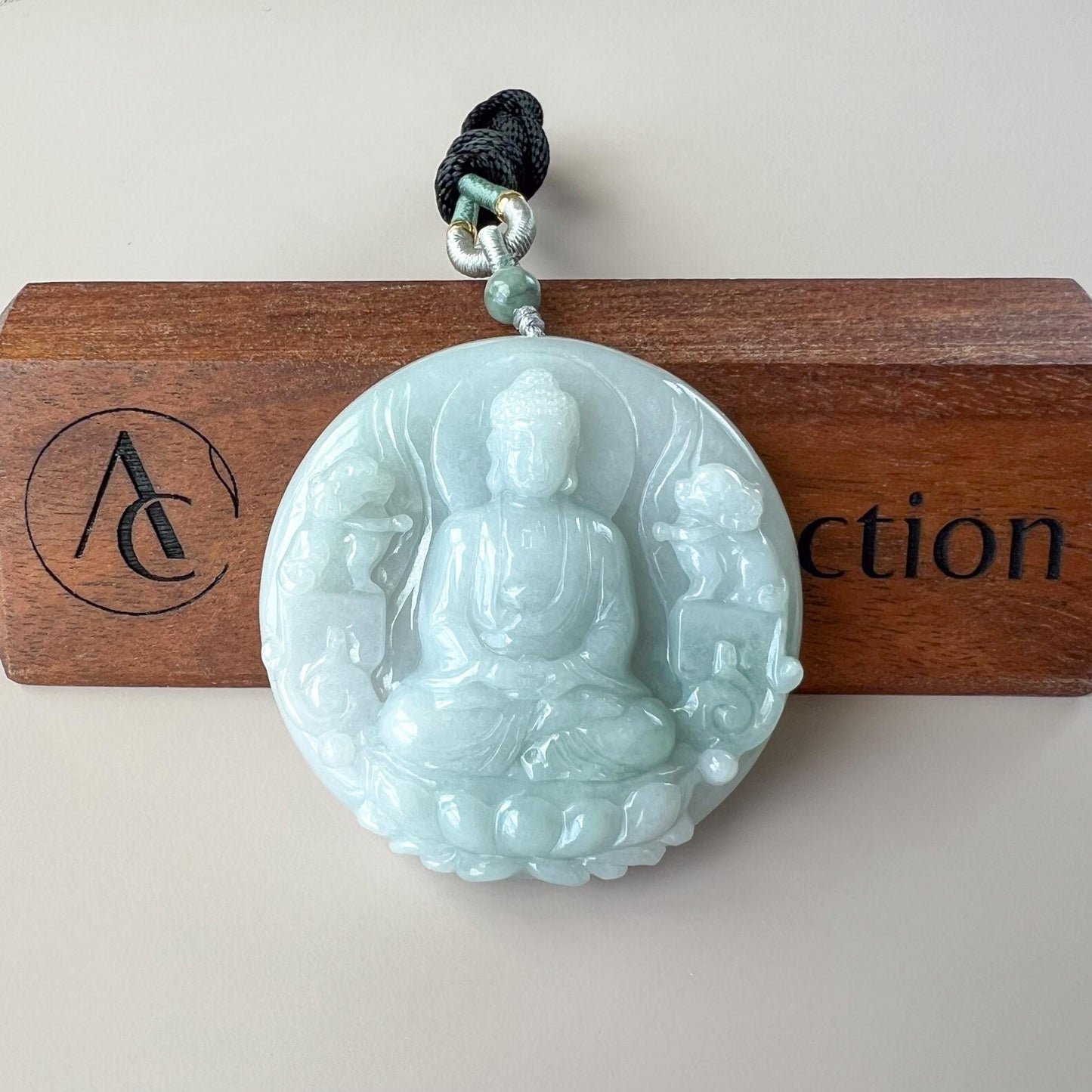 Large Vairocana Buddha with Guardian Lions Jade, Da Ri Ru Lai, Đại Nhật Như Lai, 大日如来, Hand Carved Jadeite Jade Pendant, YGR-1123-1749936757