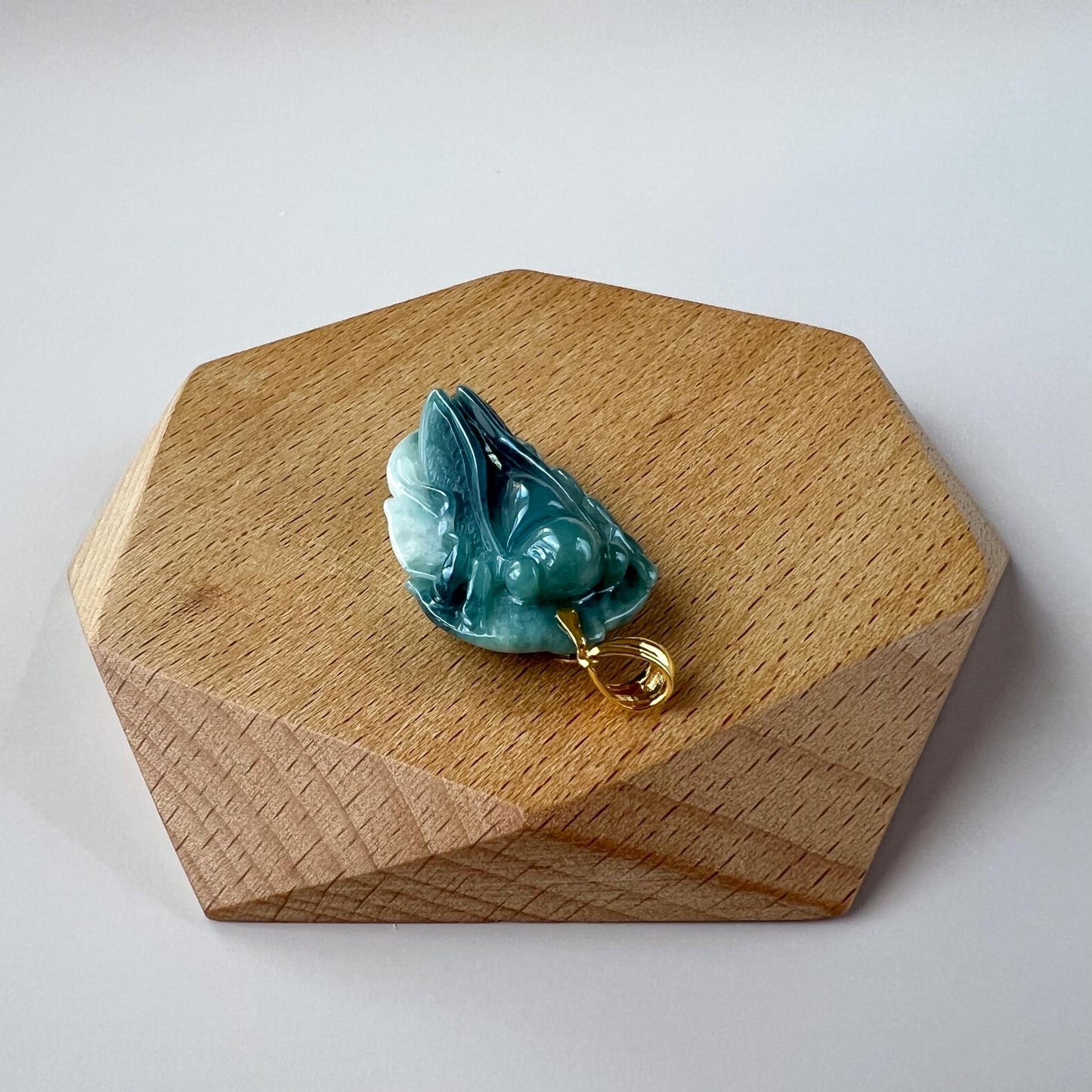 Green Jadeite Jade Cicada on Leaf, 18K Gold Bail, Hand Carved Pendant, IN-0424-1751604613