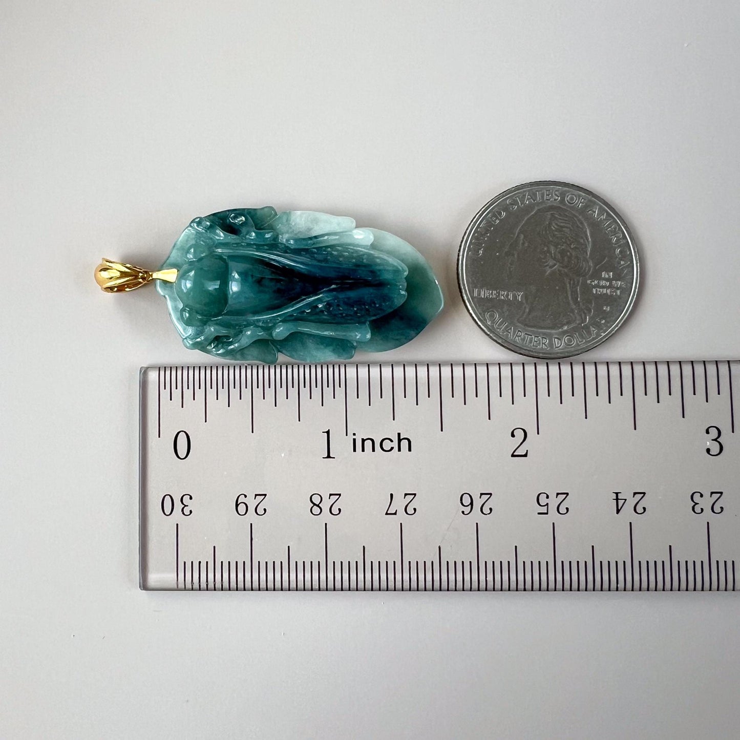 Green Jadeite Jade Cicada on Leaf, 18K Gold Bail, Hand Carved Pendant, IN-0424-1751604613