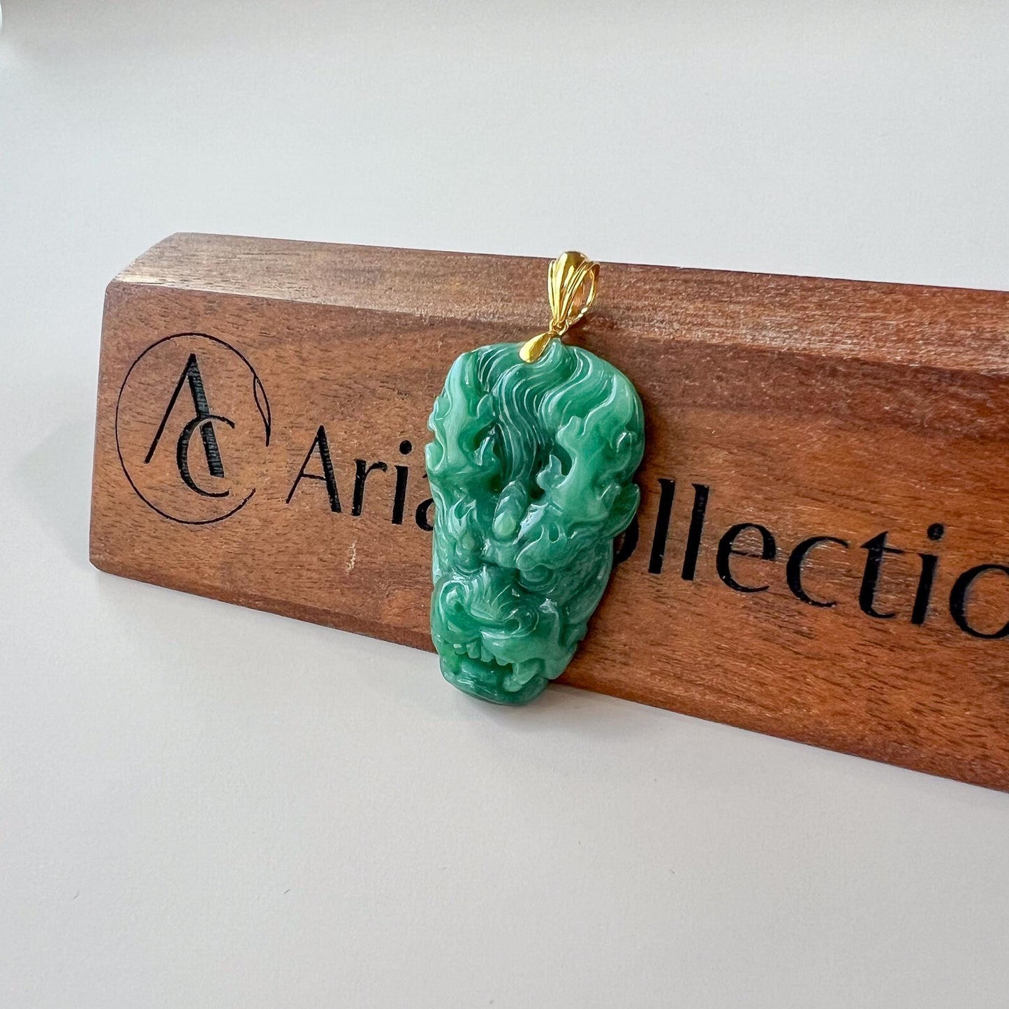 Green Dragon Head Jade Pendant, Jadeite Jade Hand Carved Pendant with 18K Solid Gold Bail, JC-0624-1751661789