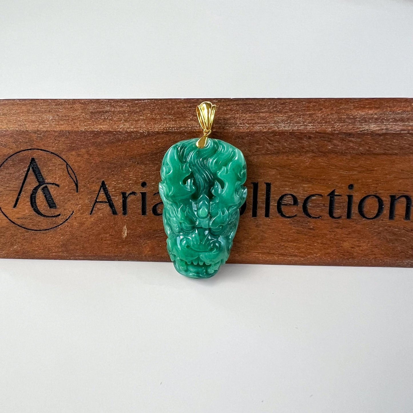 Green Dragon Head Jade Pendant, Jadeite Jade Hand Carved Pendant with 18K Solid Gold Bail, JC-0624-1751661789