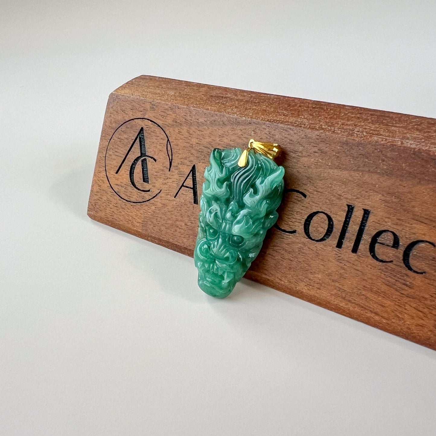 Green Dragon Head Jade Pendant, Jadeite Jade Hand Carved Pendant with 18K Solid Gold Bail, JC-0624-1751661790