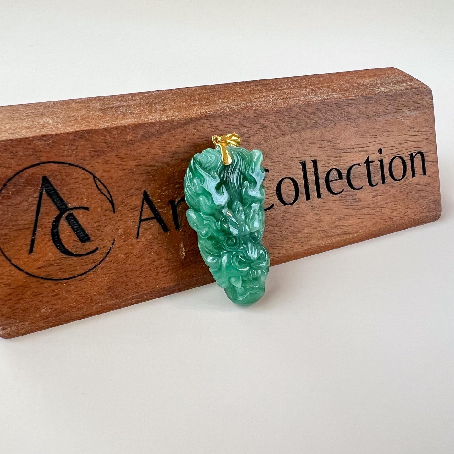 Green Dragon Head Jade Pendant, Jadeite Jade Hand Carved Pendant with 18K Solid Gold Bail, JC-0624-1751661790