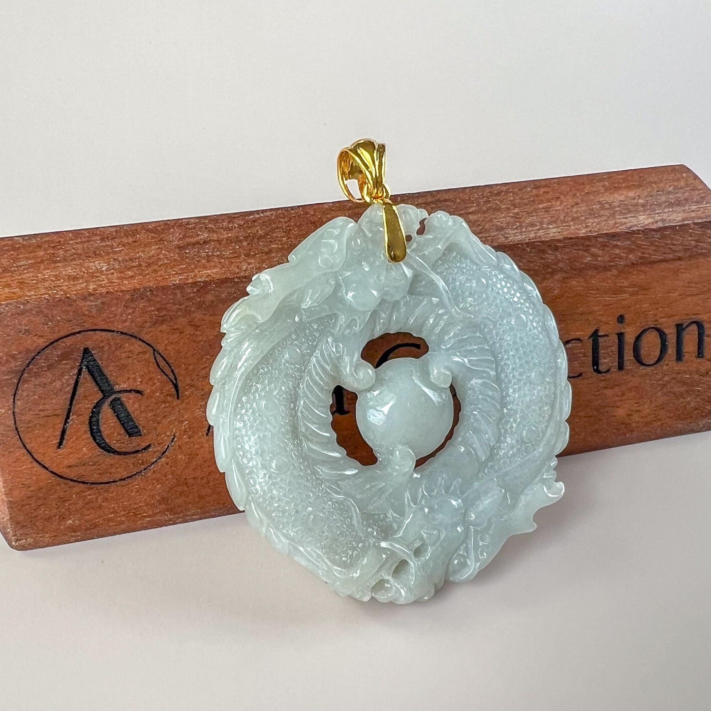 Twin Dragons Circle Jade Pendant, Light Green Gray Jadeite Jade Pendant with 18K Gold, WMC-0724-1751692651