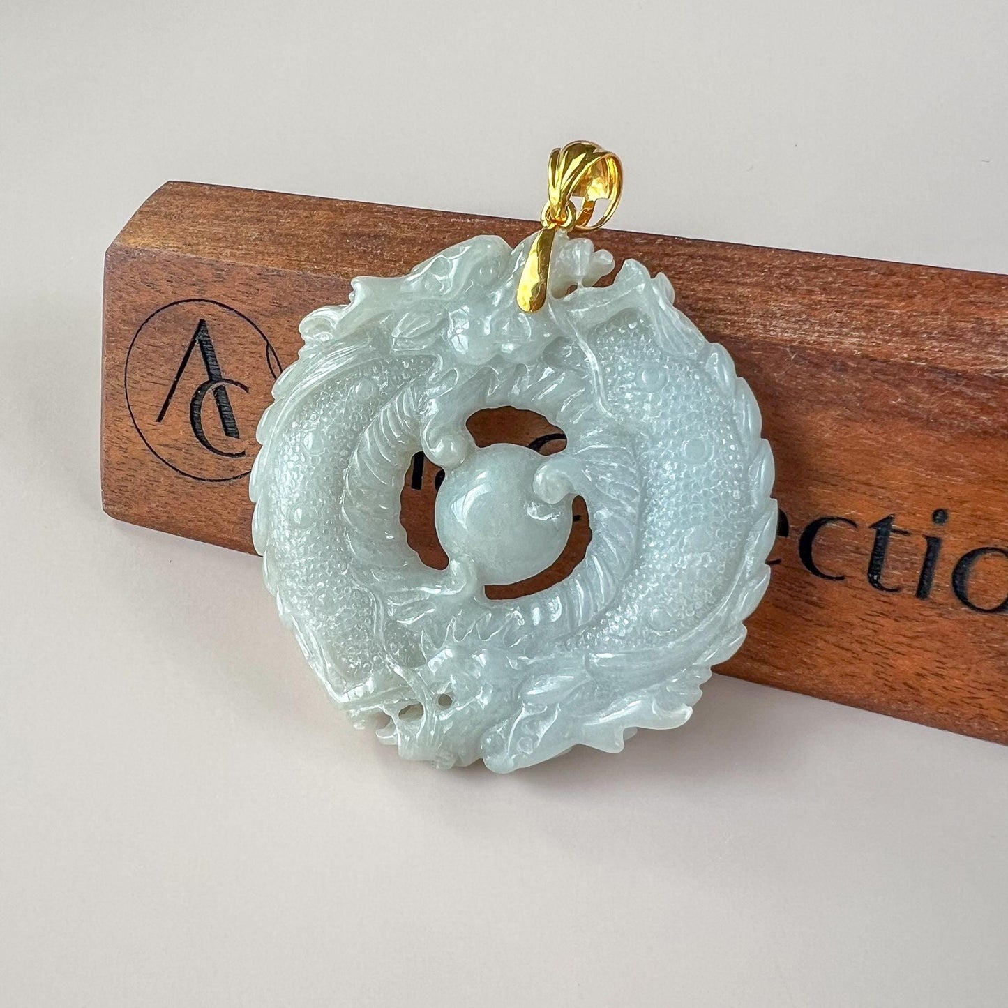 Twin Dragons Circle Jade Pendant, Light Green Gray Jadeite Jade Pendant with 18K Gold, WMC-0724-1751692651