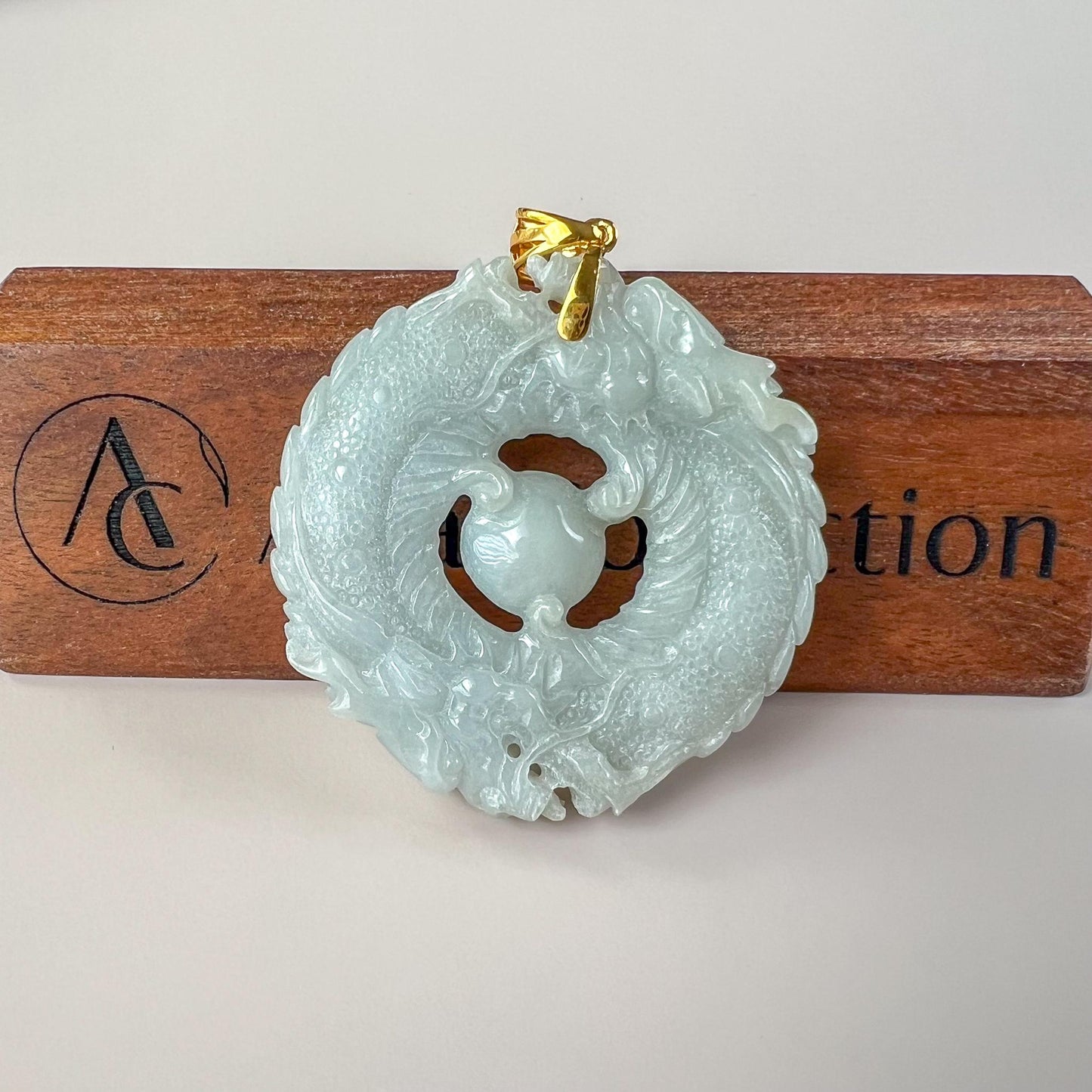Twin Dragons Circle Jade Pendant, Light Green Gray Jadeite Jade Pendant with 18K Gold, WMC-0724-1751692651