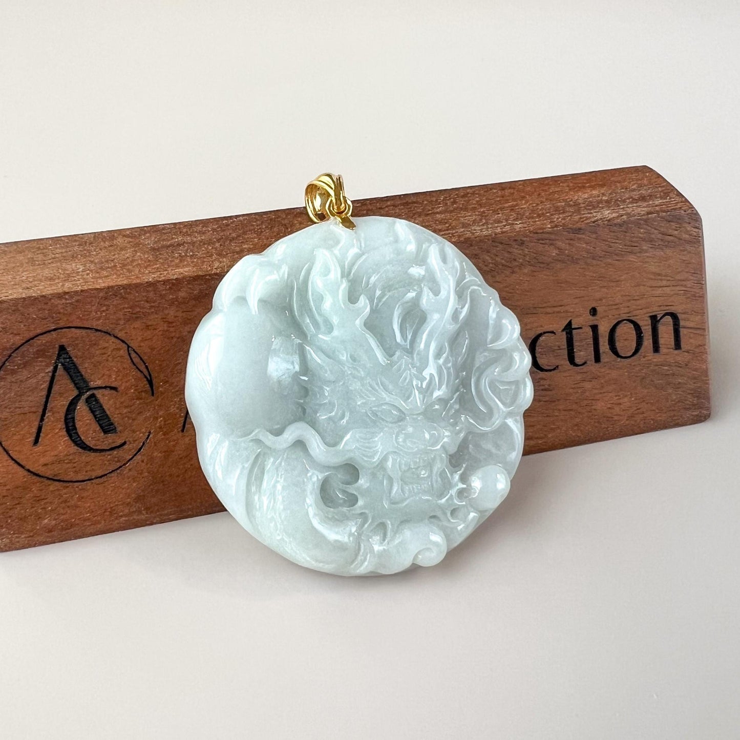 Jadeite Jade Dragon Chinese Zodiac Hand Carved Pendant 18K Gold Bail, BH-0824-1750262766