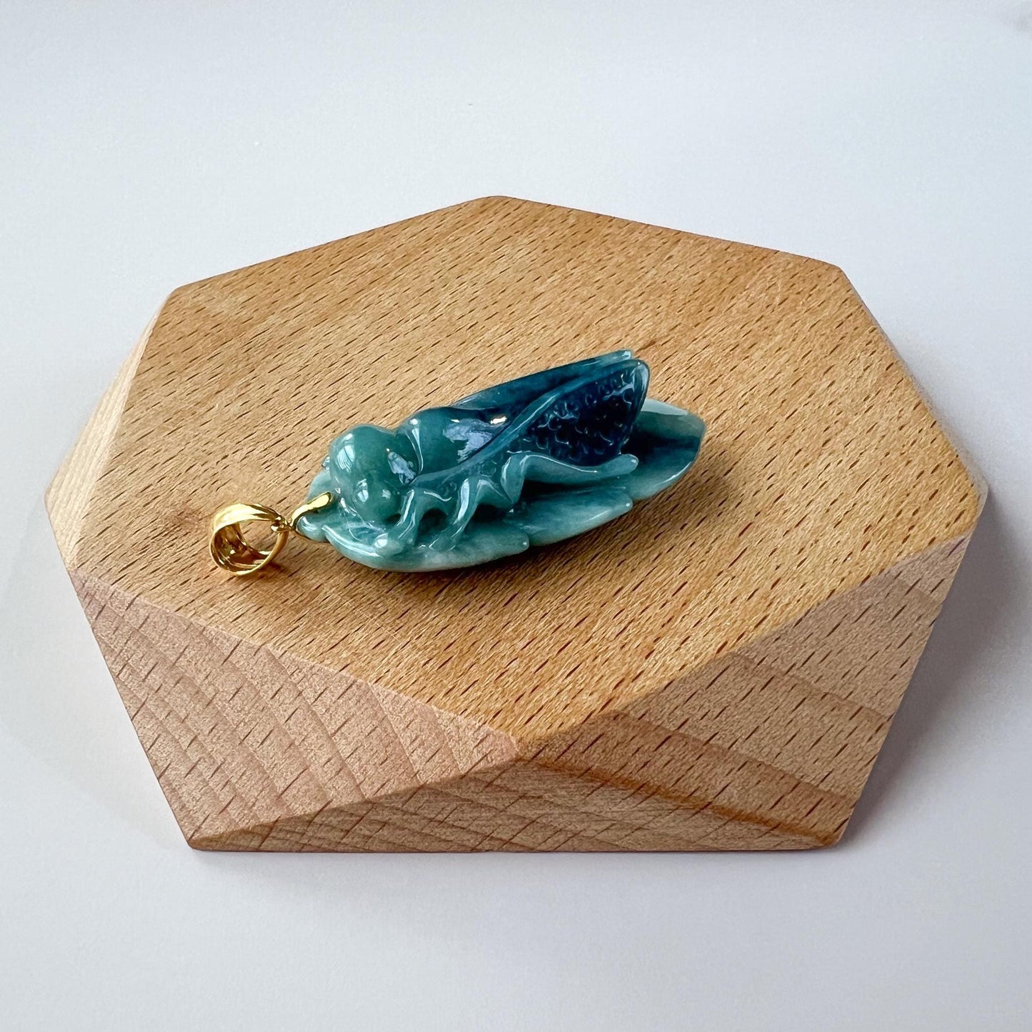 Green Jadeite Jade Cicada on Leaf, 18K Gold Bail, Hand Carved Pendant, IN-0424-1751604613
