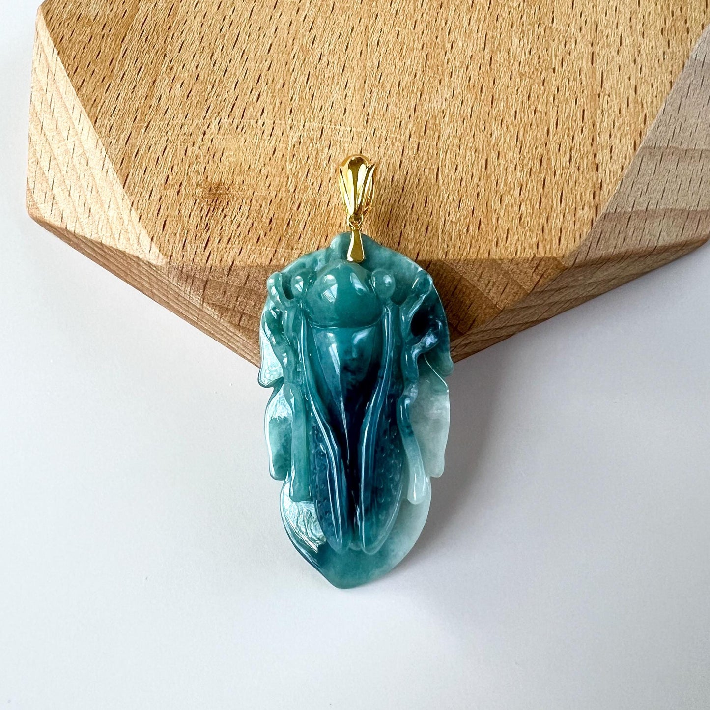 Green Jadeite Jade Cicada on Leaf, 18K Gold Bail, Hand Carved Pendant, IN-0424-1751604613