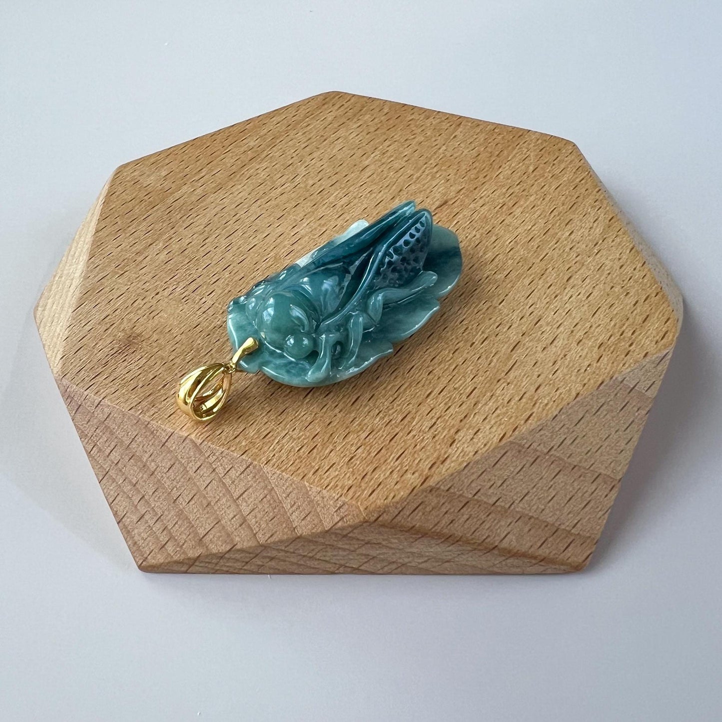 Green Jadeite Jade Cicada on Leaf, 18K Gold Bail, Hand Carved Pendant, IN-0424-1751604613