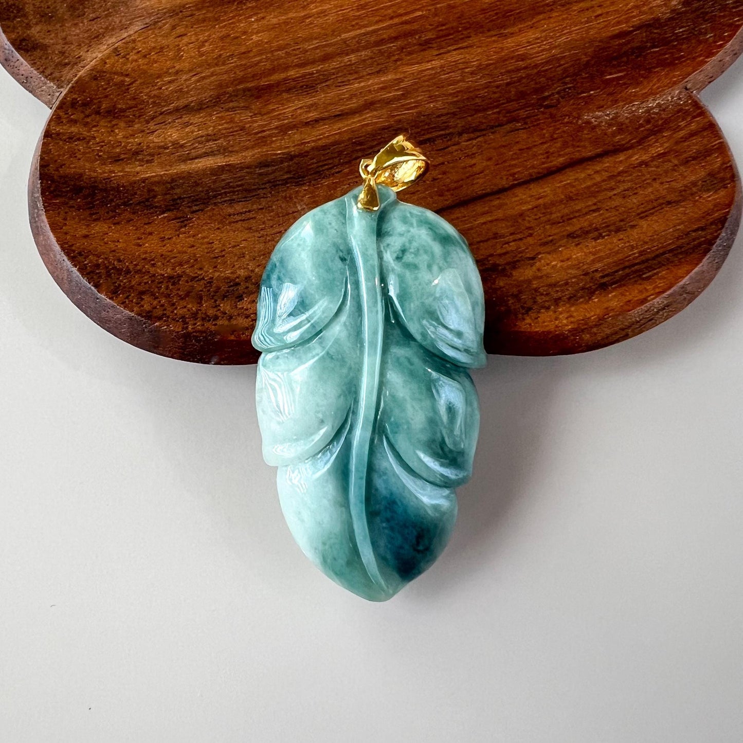 Green Jadeite Jade Cicada on Leaf, 18K Gold Bail, Hand Carved Pendant, IN-0424-1751604613