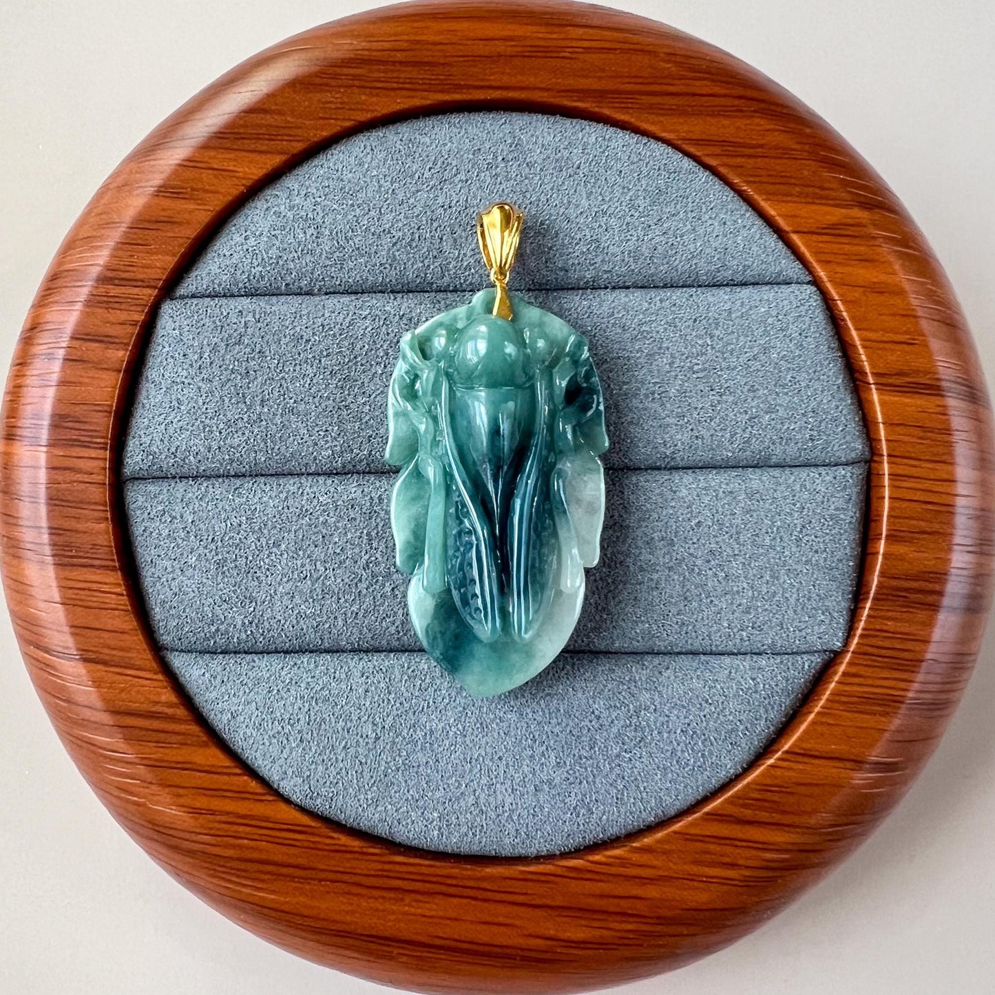 Green Jadeite Jade Cicada on Leaf, 18K Gold Bail, Hand Carved Pendant, IN-0424-1751604613