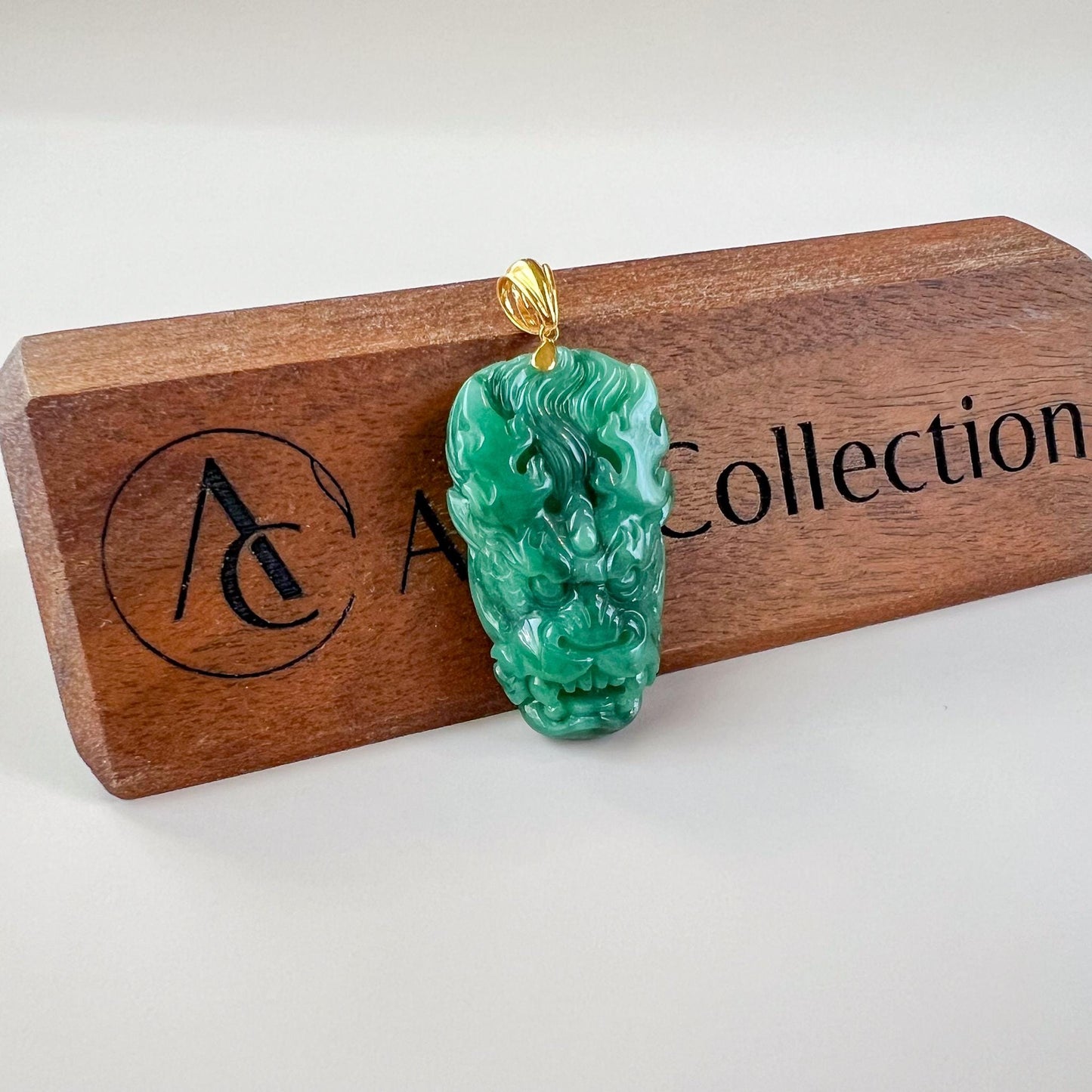Green Dragon Head Jade Pendant, Jadeite Jade Hand Carved Pendant with 18K Solid Gold Bail, JC-0624-1751661789