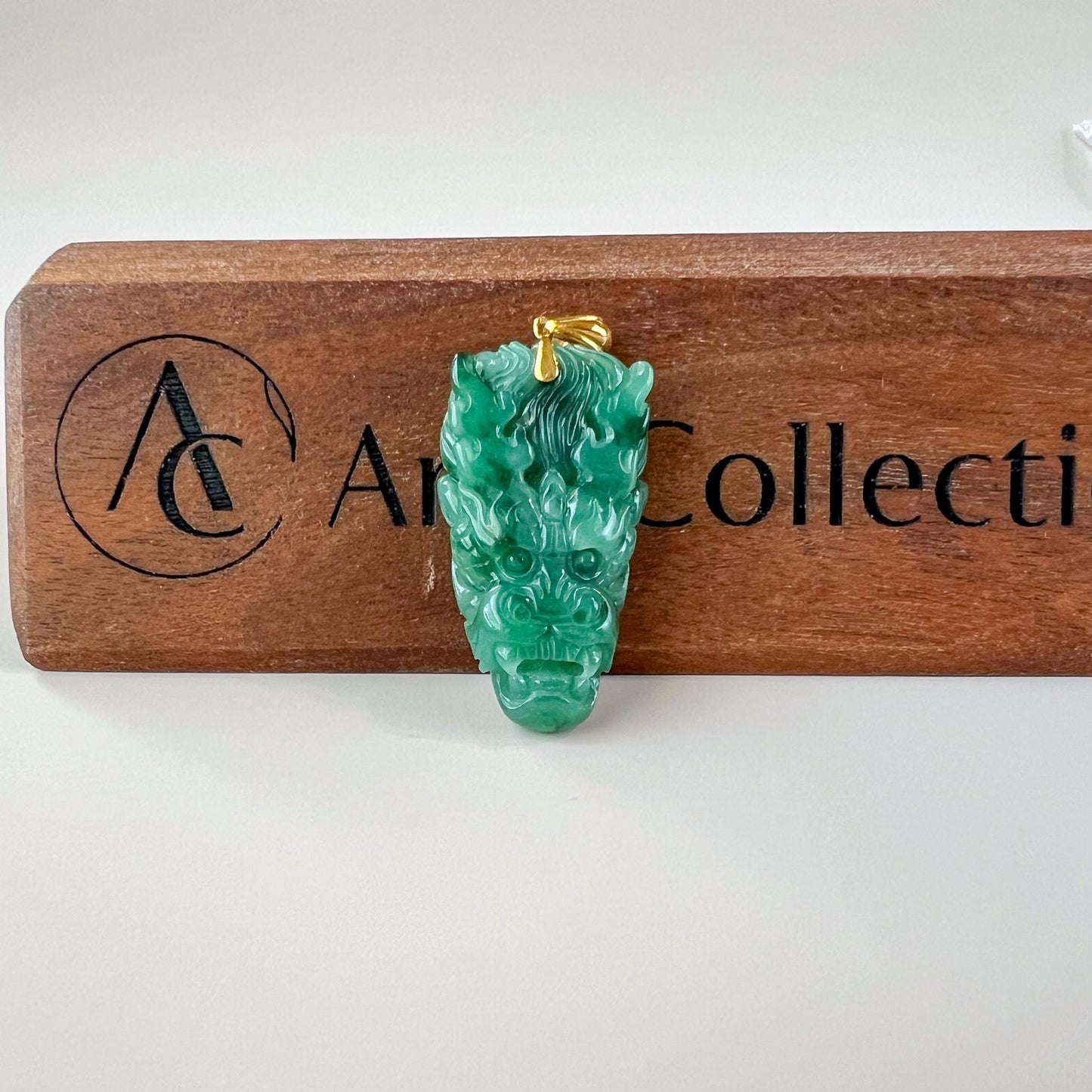 Green Dragon Head Jade Pendant, Jadeite Jade Hand Carved Pendant with 18K Solid Gold Bail, JC-0624-1751661790