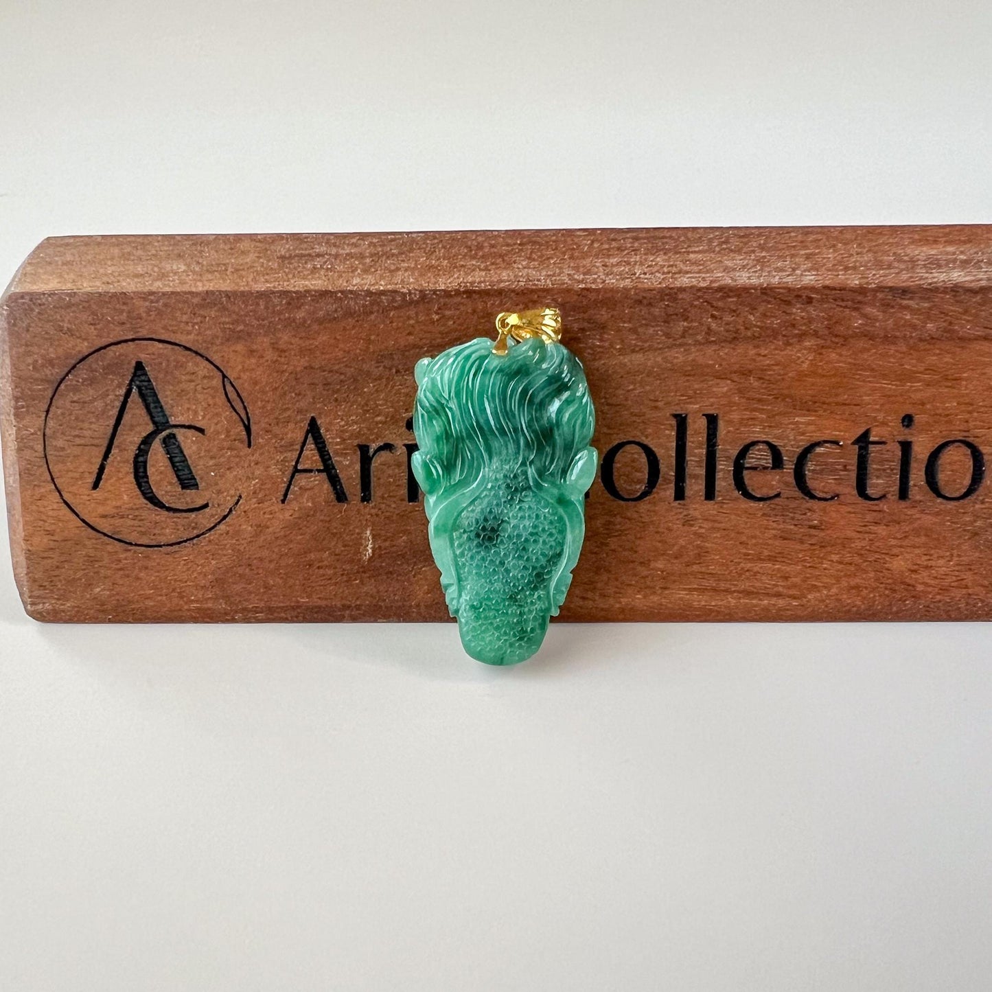 Green Dragon Head Jade Pendant, Jadeite Jade Hand Carved Pendant with 18K Solid Gold Bail, JC-0624-1751661790