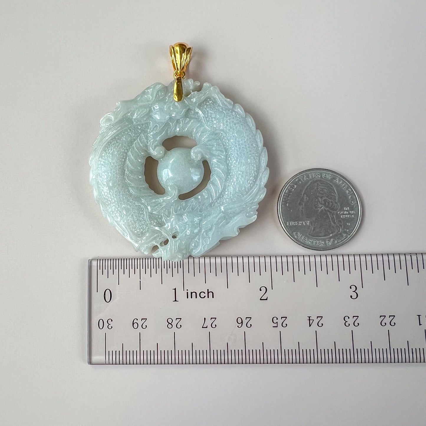 Twin Dragons Circle Jade Pendant, Light Green Gray Jadeite Jade Pendant with 18K Gold, WMC-0724-1751692651