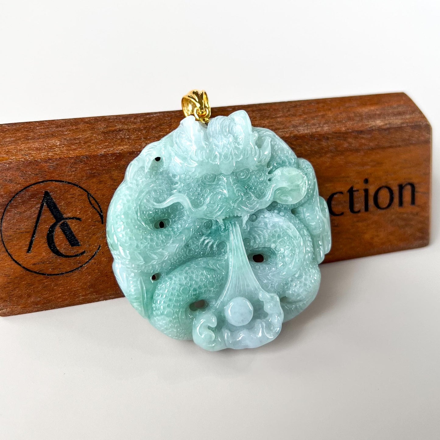 Dragon Drawing Water Jade Pendant, Dragon Jadeite Jade with 18K Solid Gold Pendant, Dual Sided Carved Pendant, YGR-0524-1753205547