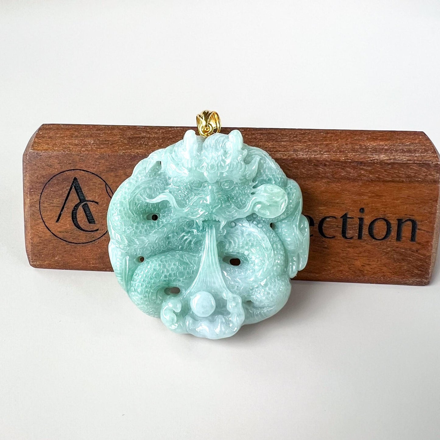 Dragon Drawing Water Jade Pendant, Dragon Jadeite Jade with 18K Solid Gold Pendant, Dual Sided Carved Pendant, YGR-0524-1753205547