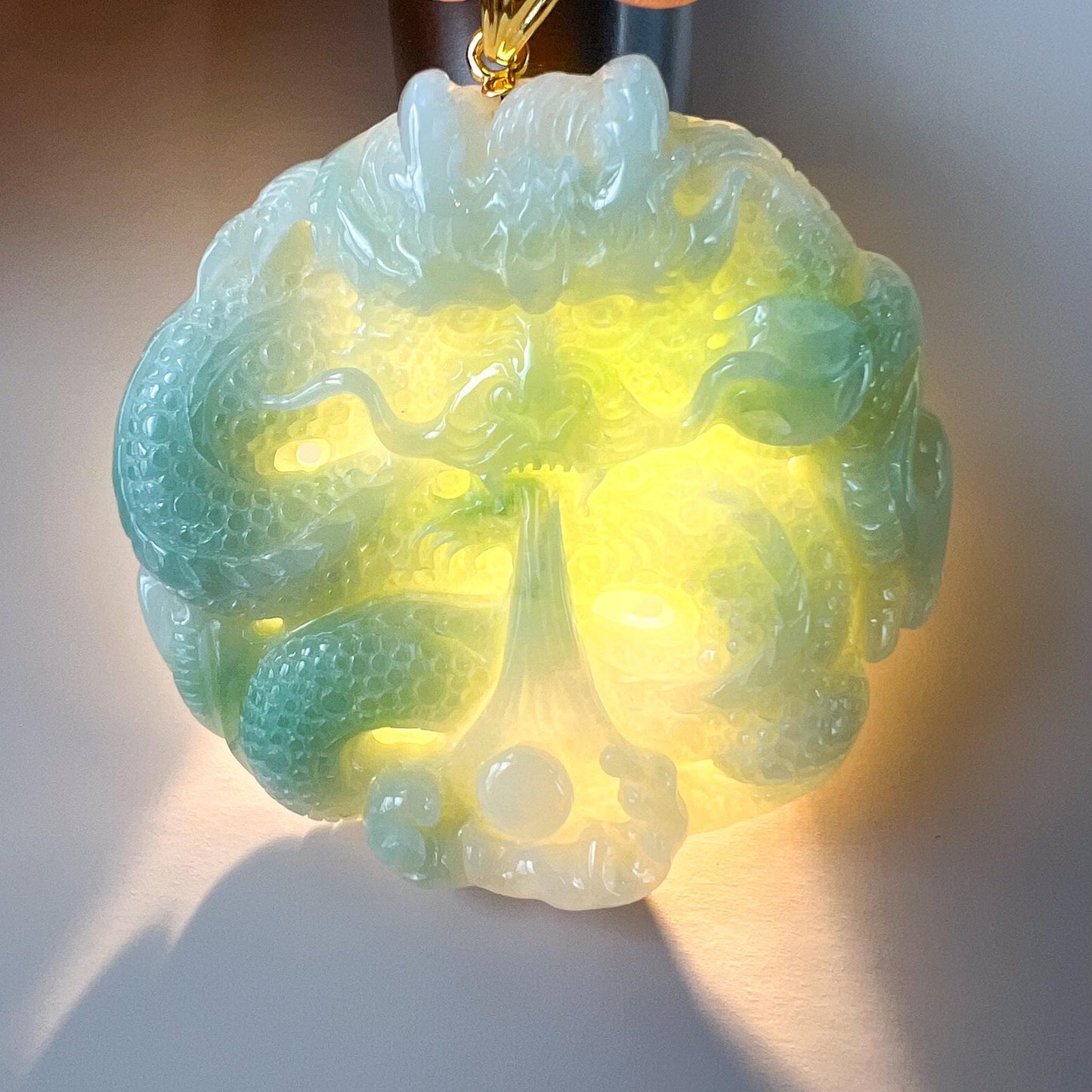 Dragon Drawing Water Jade Pendant, Dragon Jadeite Jade with 18K Solid Gold Pendant, Dual Sided Carved Pendant, YGR-0524-1753205547