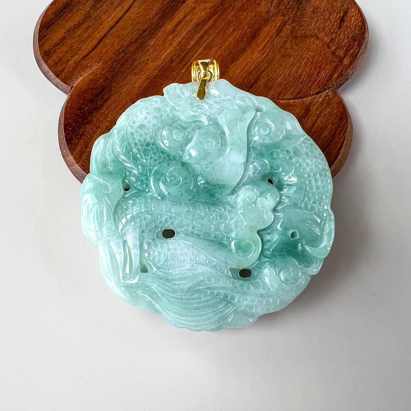 Dragon Drawing Water Jade Pendant, Dragon Jadeite Jade with 18K Solid Gold Pendant, Dual Sided Carved Pendant, YGR-0524-1753205547