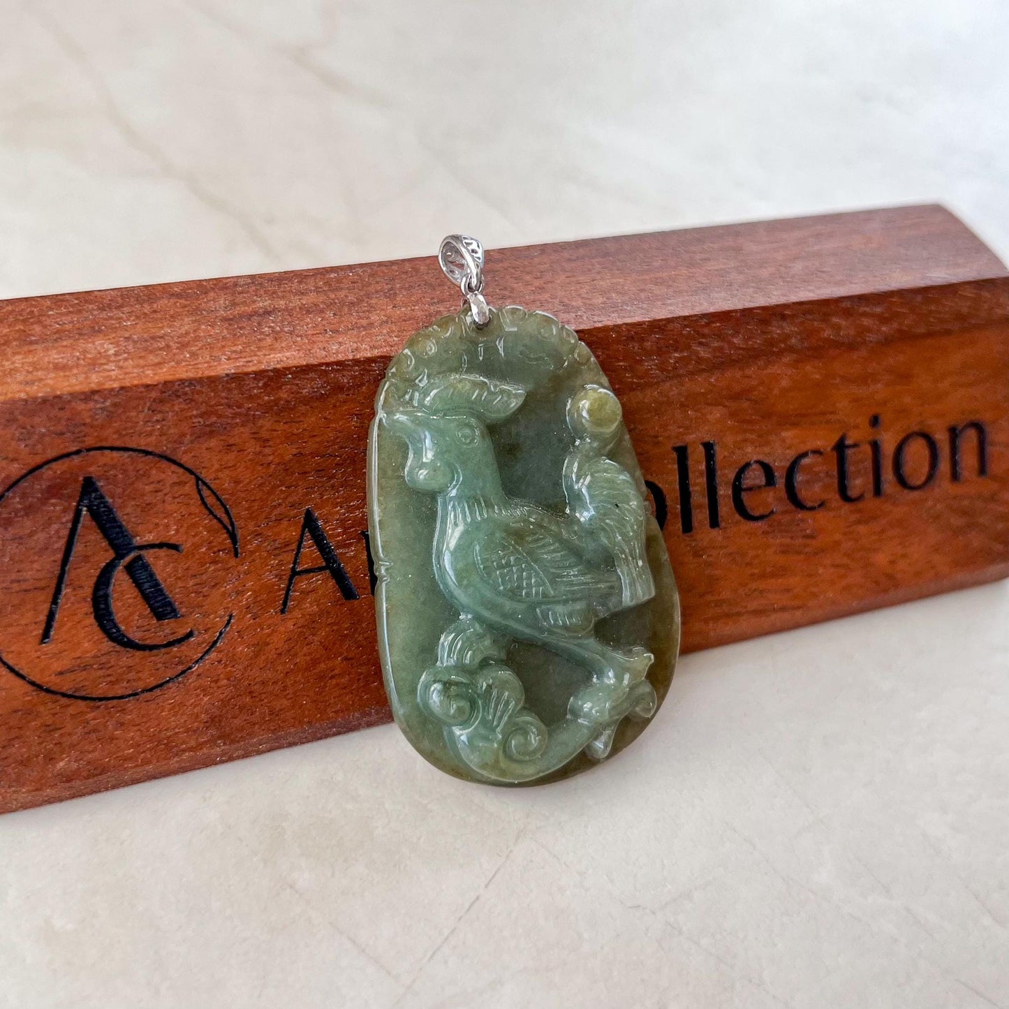 Lucky Rooster Jade Pendant with Sterling Silver Bail, Chinese Zodiac Rooster Jadeite Jade Pendant, NVN-0424-1757007425