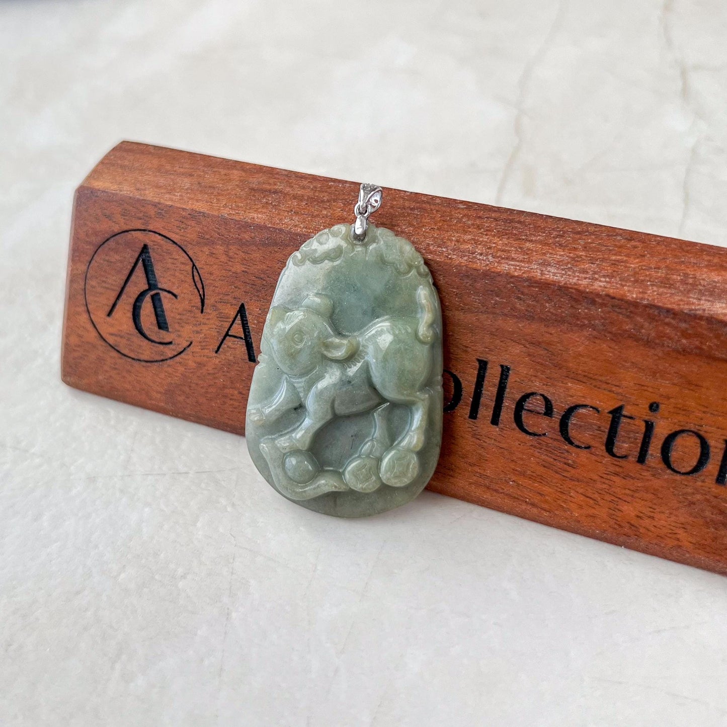 Prosperity Pig Jade Pendant with Sterling Silver Bail, Jadeite Jade Pendant, Chinese Zodiac Pig Boar Carved Pendant, NVN-0424-1757008968