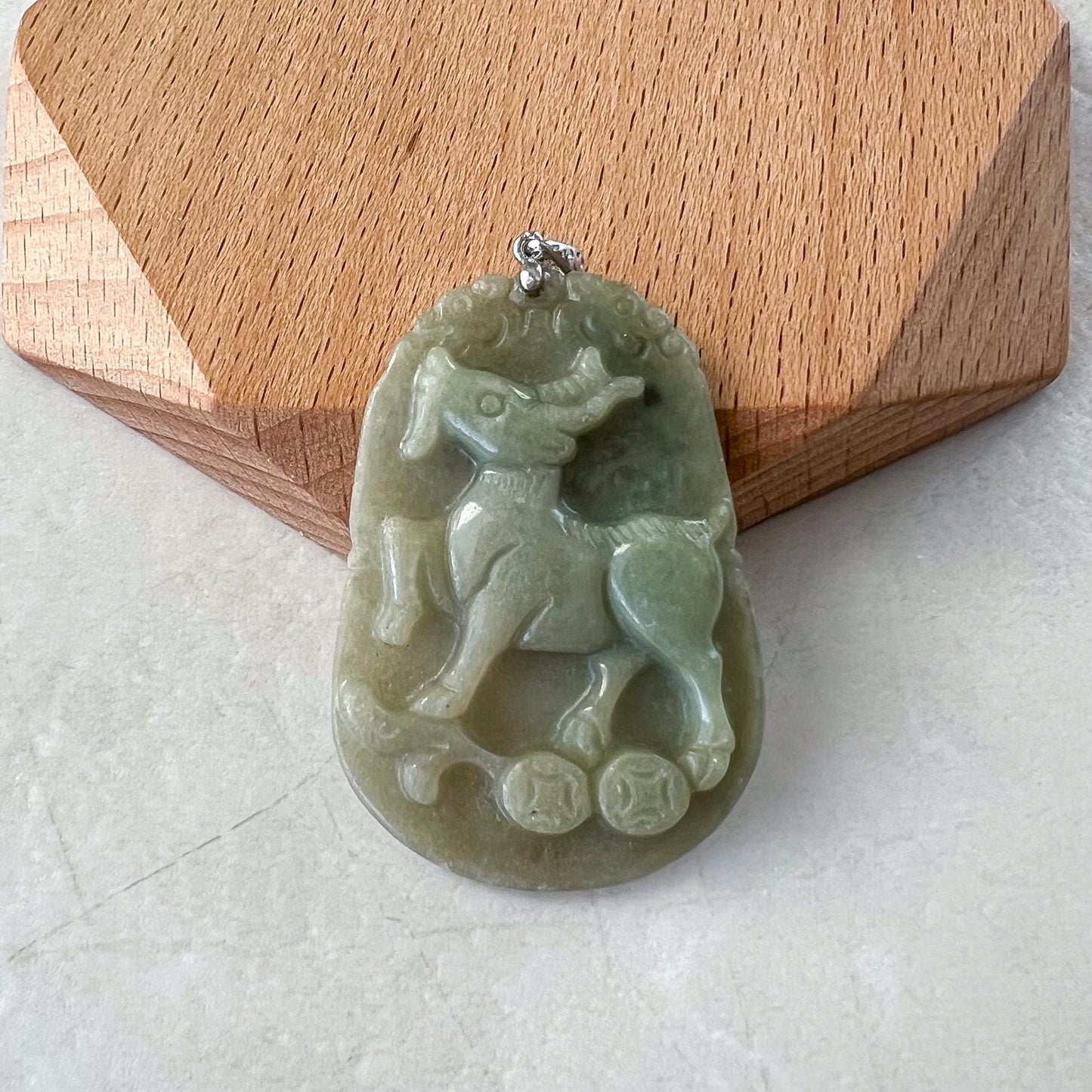 Sheep Zodiac Jade Pendant with Sterling Silver Bail, Jadeite Jade Sheep Goat Chinese Zodiac Carved Pendant, NVN-0424-1757040968