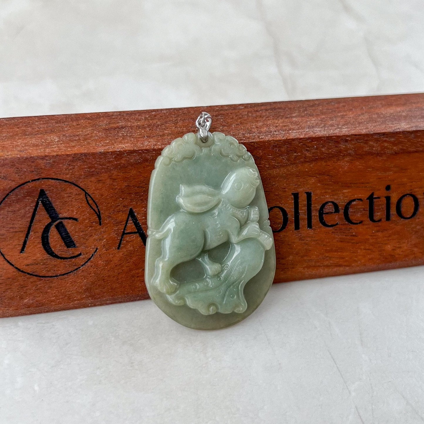 Wealth Harvest Rabbit Zodiac Jade Pendant with Sterling Silver Bail, Jadeite Jade Rabbit Pendant, NVN-0424-1757042436