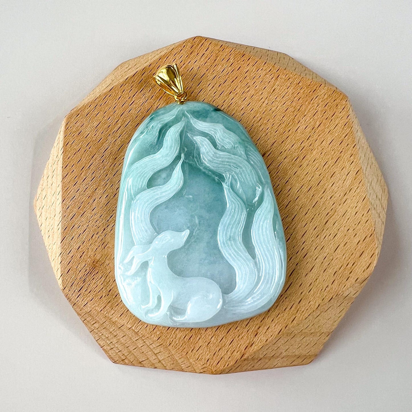 Celestial Nine 9 Tail Fox Jade Pendant with 18K Gold, Light Green Jadeite Jade Hand Carved Pendant, TC-0624-0007457