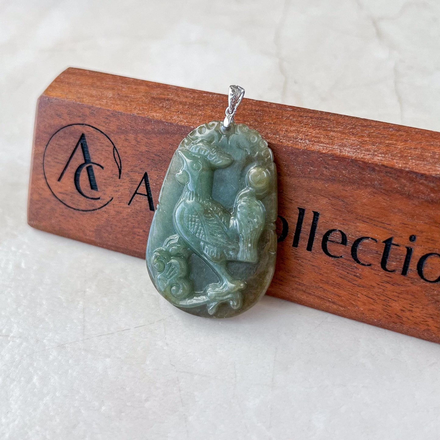 Lucky Rooster Jade Pendant with Sterling Silver Bail, Chinese Zodiac Rooster Jadeite Jade Pendant, NVN-0424-1757007425