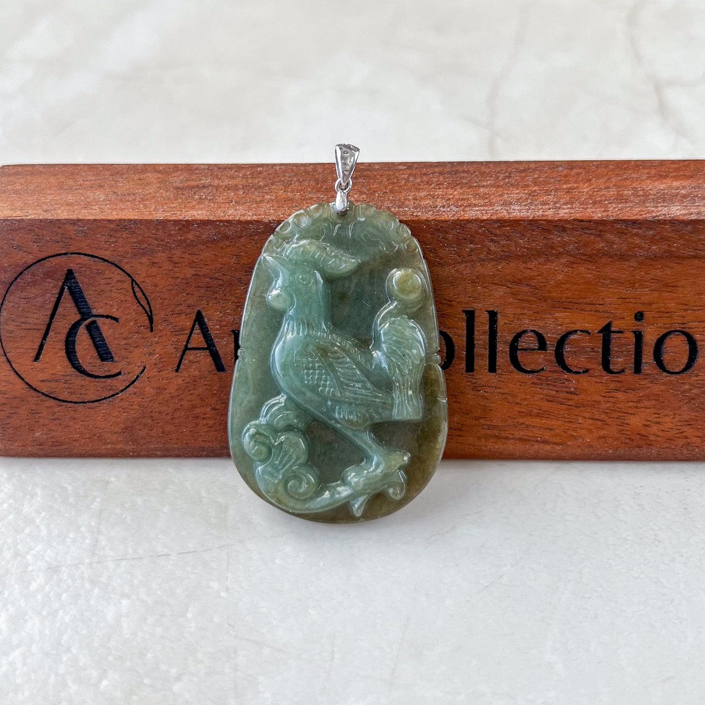 Lucky Rooster Jade Pendant with Sterling Silver Bail, Chinese Zodiac Rooster Jadeite Jade Pendant, NVN-0424-1757007425