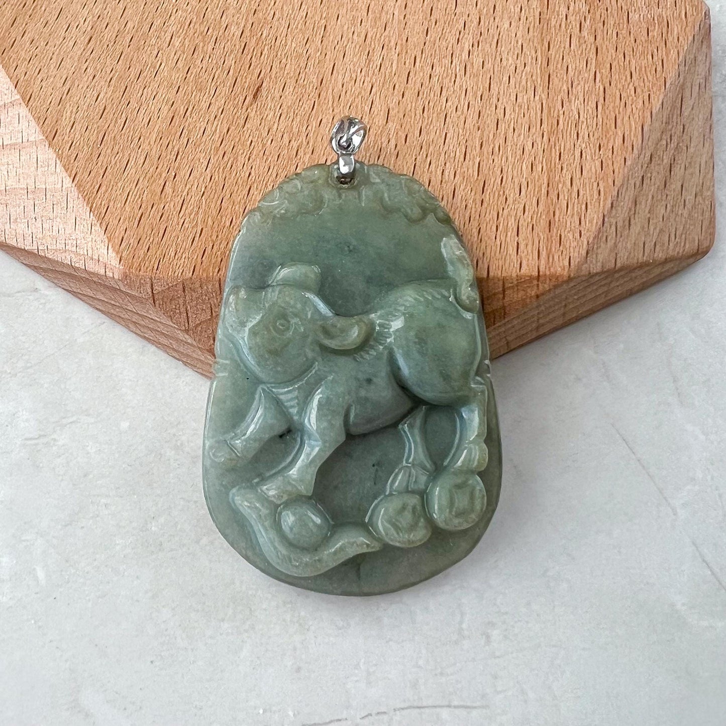 Prosperity Pig Jade Pendant with Sterling Silver Bail, Jadeite Jade Pendant, Chinese Zodiac Pig Boar Carved Pendant, NVN-0424-1757008968