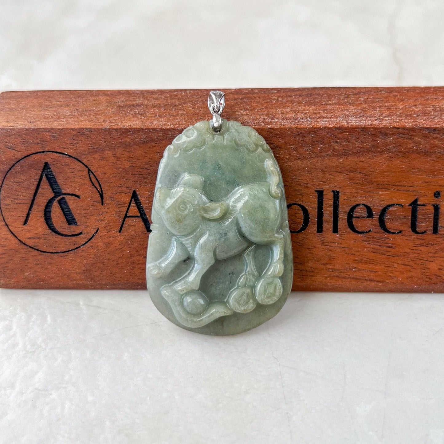 Prosperity Pig Jade Pendant with Sterling Silver Bail, Jadeite Jade Pendant, Chinese Zodiac Pig Boar Carved Pendant, NVN-0424-1757008968