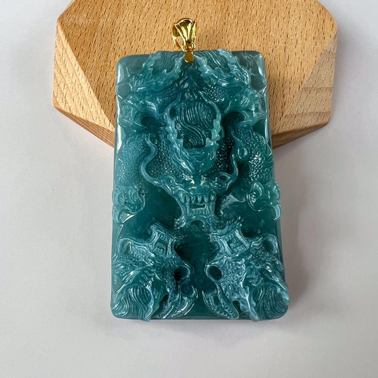 Imperial Nine Dragons Jade Pendant, Jadeite Jade with 18K Solid Gold Pendant, Dual Sided Carved Pendant, ZZY-0724-1757134507
