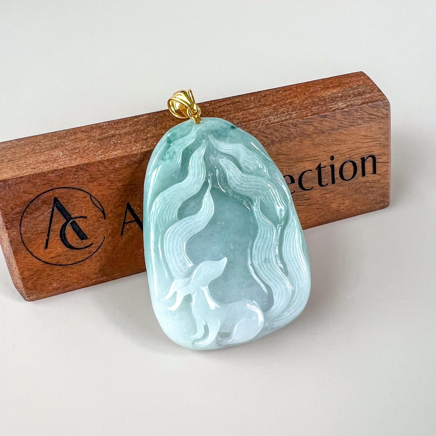 Celestial Nine 9 Tail Fox Jade Pendant with 18K Gold, Light Green Jadeite Jade Hand Carved Pendant, TC-0624-0007457