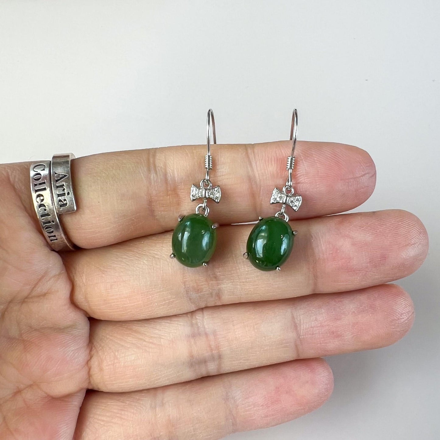 Classic Bow Green Jade Drop Earring, Green Nephrite Jade Sterling Silver Earrings, JSY-0424-12063