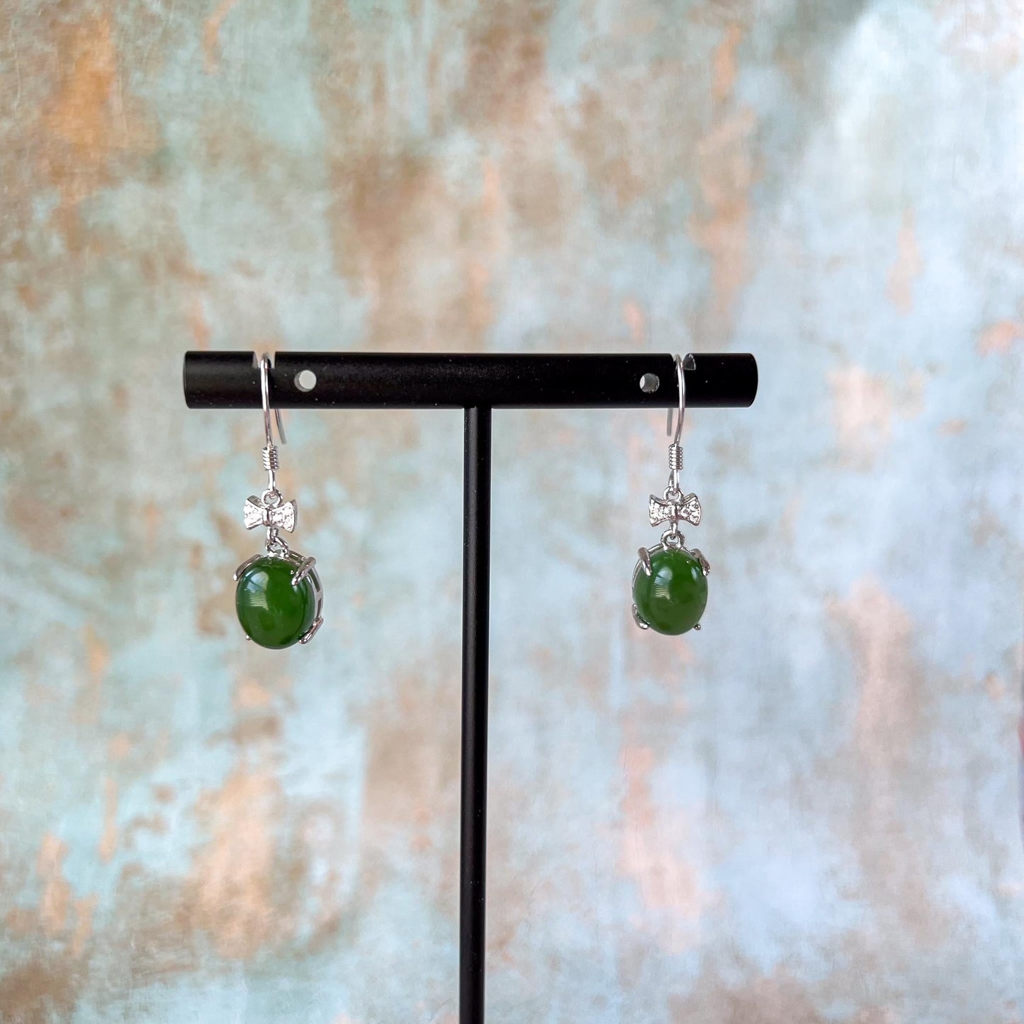 Classic Bow Green Jade Drop Earring, Green Nephrite Jade Sterling Silver Earrings, JSY-0424-12063