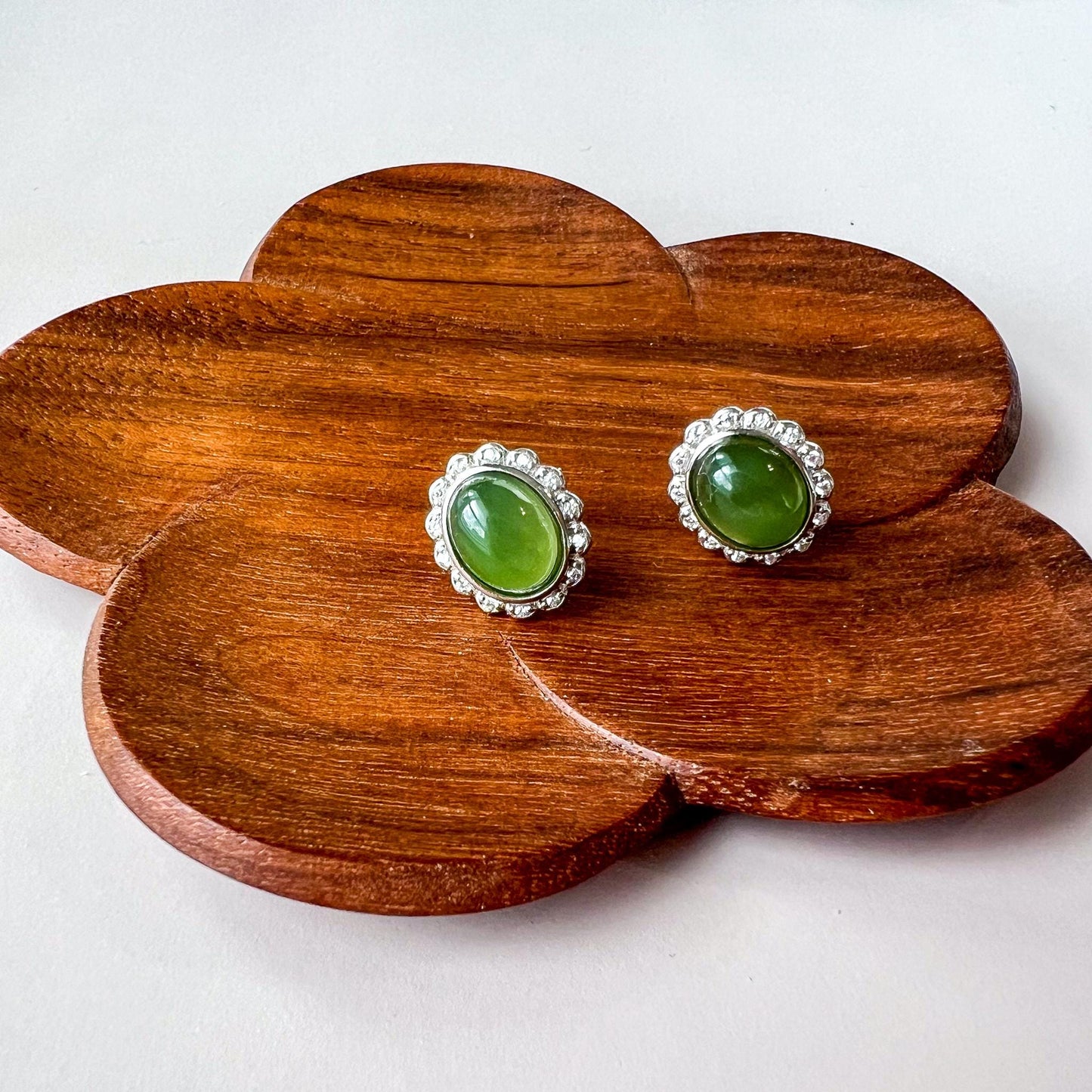 Green Jade Classic Earring Studs, Style 6, Green Nephrite Jade Sterling Silver Earrings, JSY-0424-12073