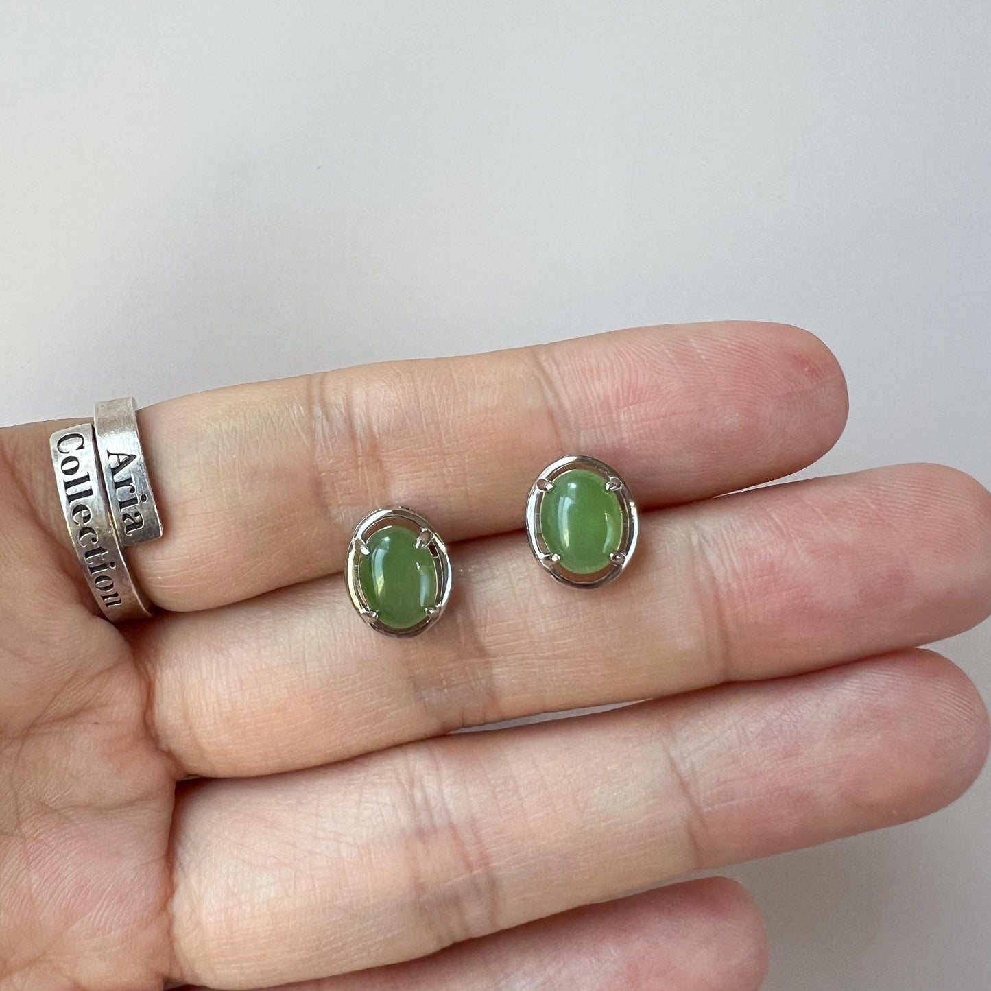 Classic Oval Jade Earring Studs, Green Nephrite Jade Sterling Silver Earrings, JSY-0424-12059