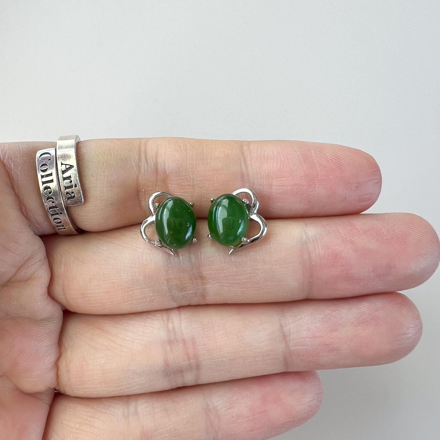 Jade Butterfly Wing Earring Studs, Green Nephrite Jade Sterling Silver Earrings, JSY-0424-12064
