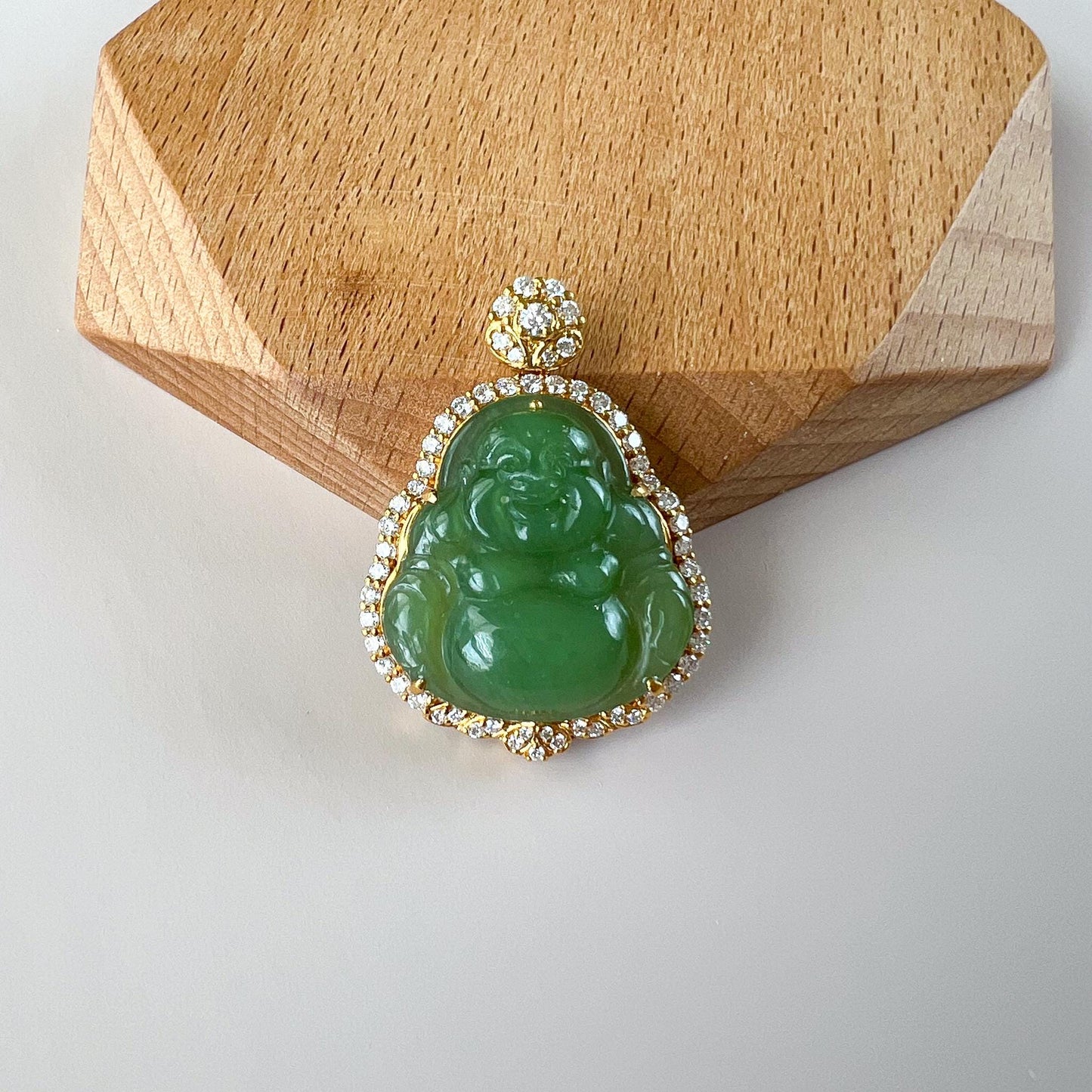 Laughing Buddha of Prosperity Jade Pendant, Green Jade Happy Buddha, Nephrite Jade with 18K Solid Gold and Diamonds, ZXG-1124-11760739971