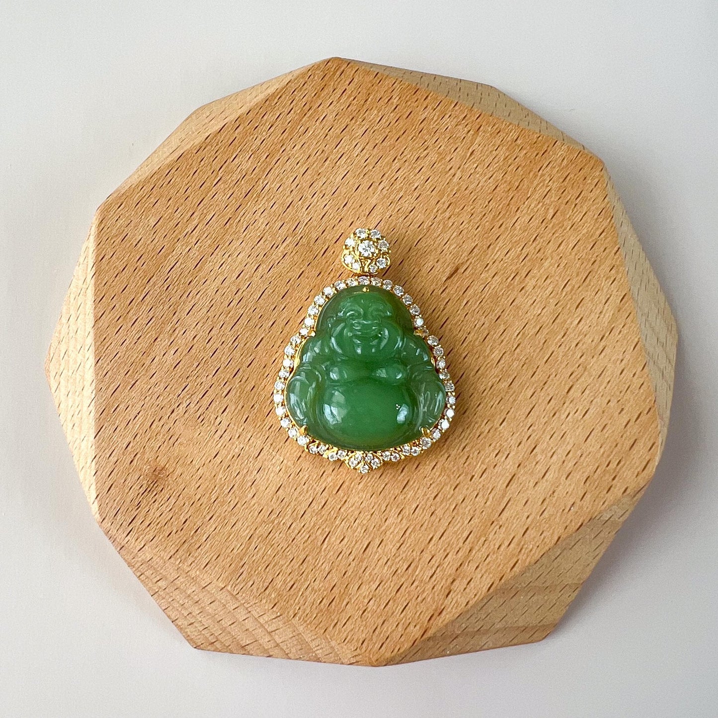 Laughing Buddha of Prosperity Jade Pendant, Green Jade Happy Buddha, Nephrite Jade with 18K Solid Gold and Diamonds, ZXG-1124-11760739971