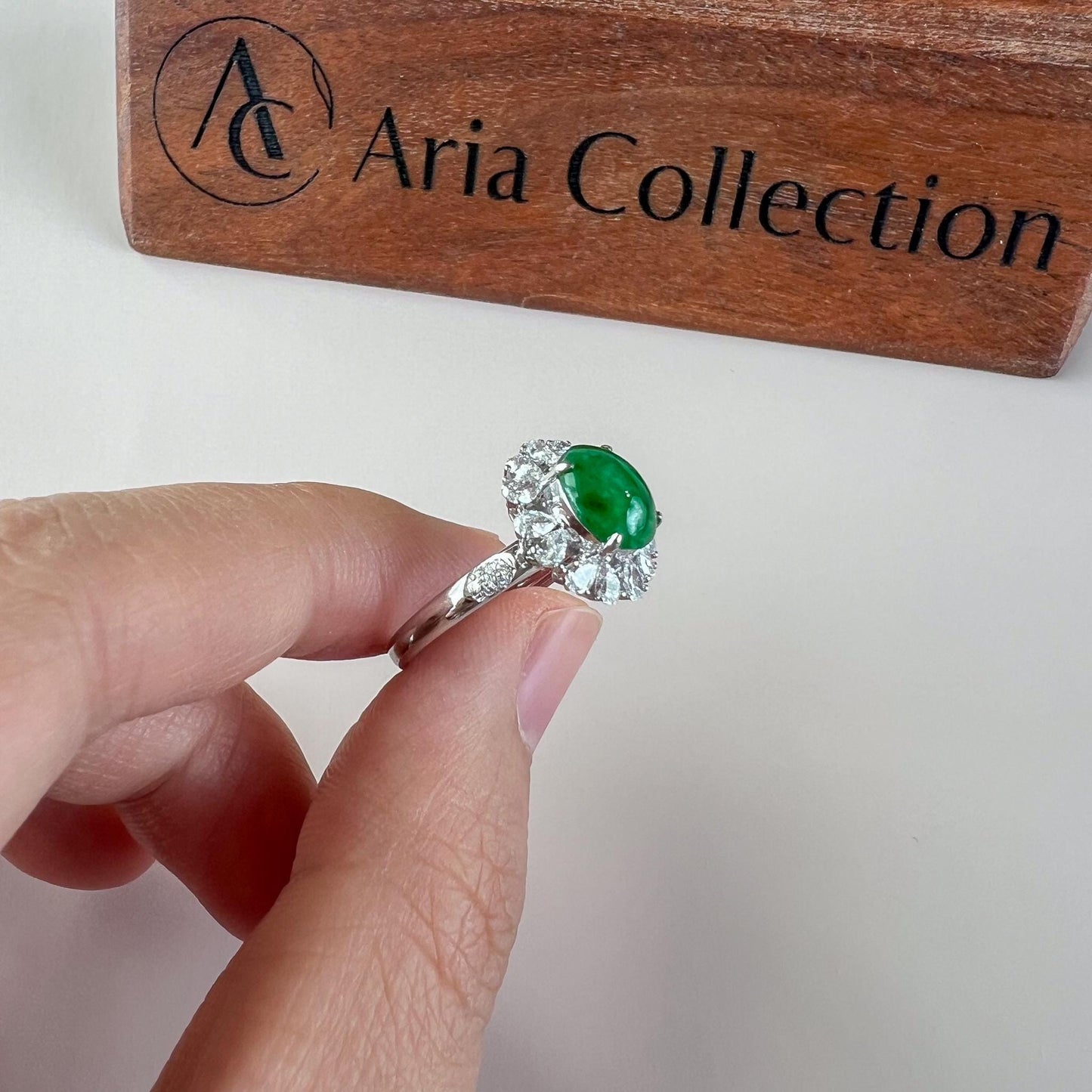Imperial Flower Halo Jade Ring, Green Jadeite Jade Ring, 18K White Gold with diamonds, Size 5.75, SHWQ-0424-1760841850