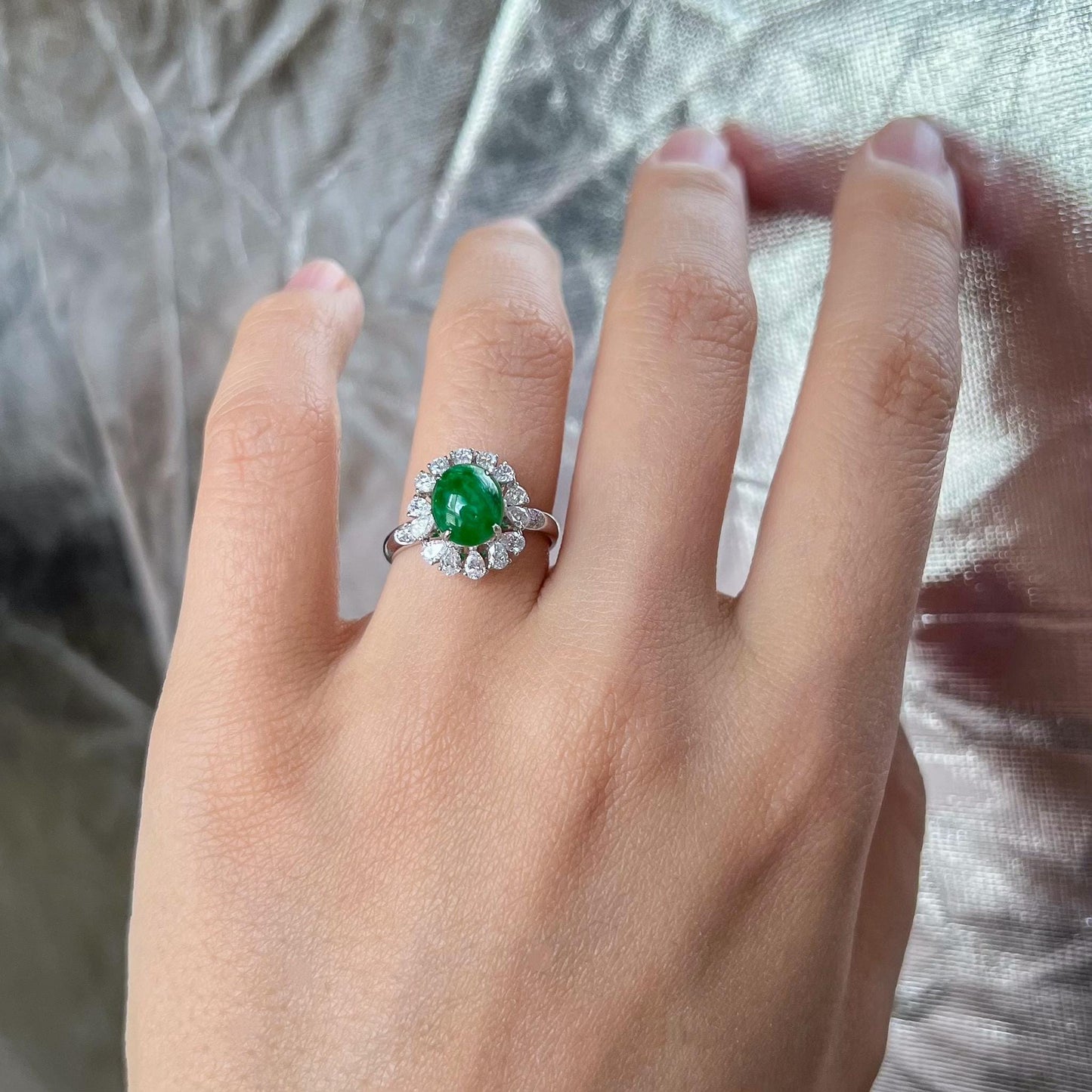 Imperial Flower Halo Jade Ring, Green Jadeite Jade Ring, 18K White Gold with diamonds, Size 5.75, SHWQ-0424-1760841850