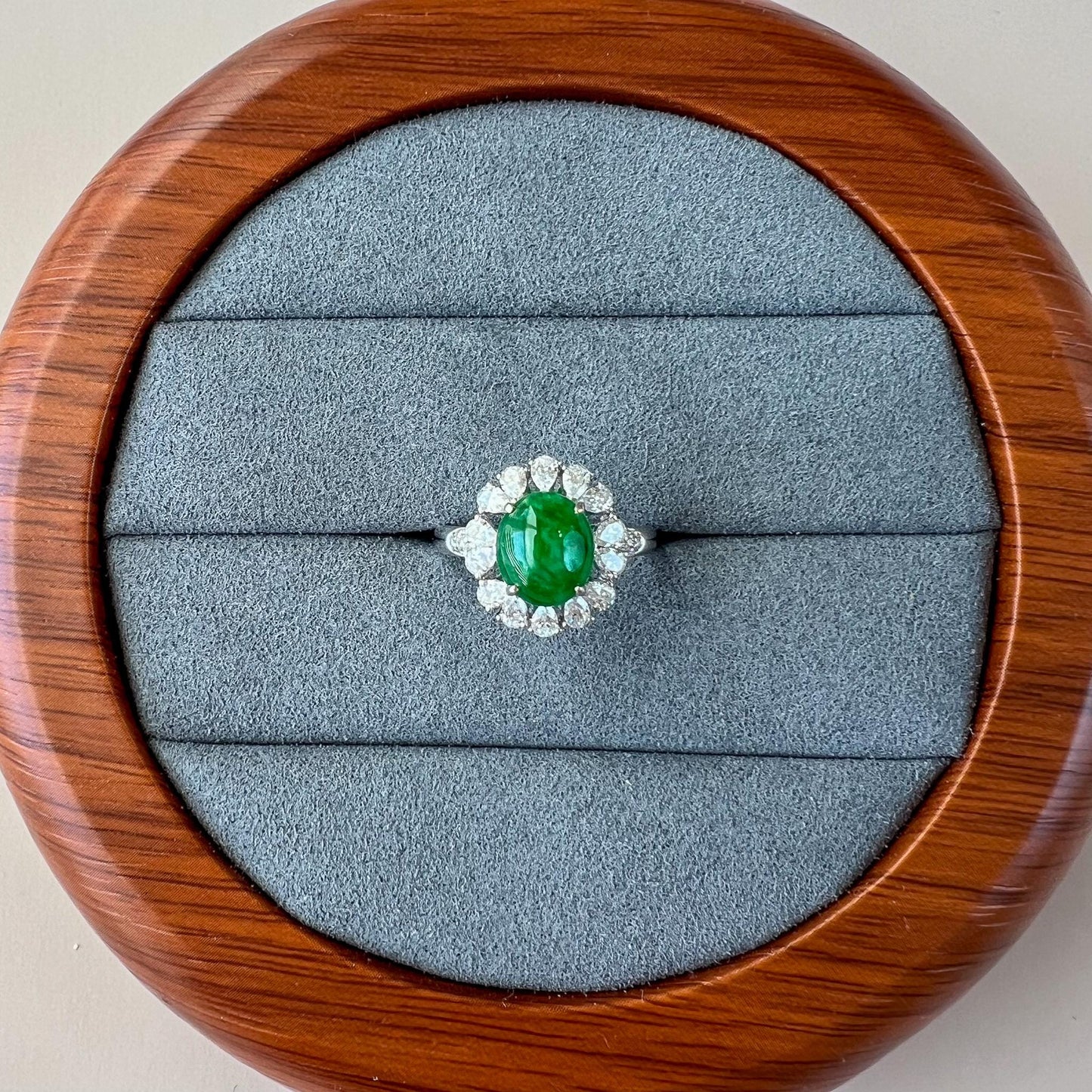 Imperial Flower Halo Jade Ring, Green Jadeite Jade Ring, 18K White Gold with diamonds, Size 5.75, SHWQ-0424-1760841850