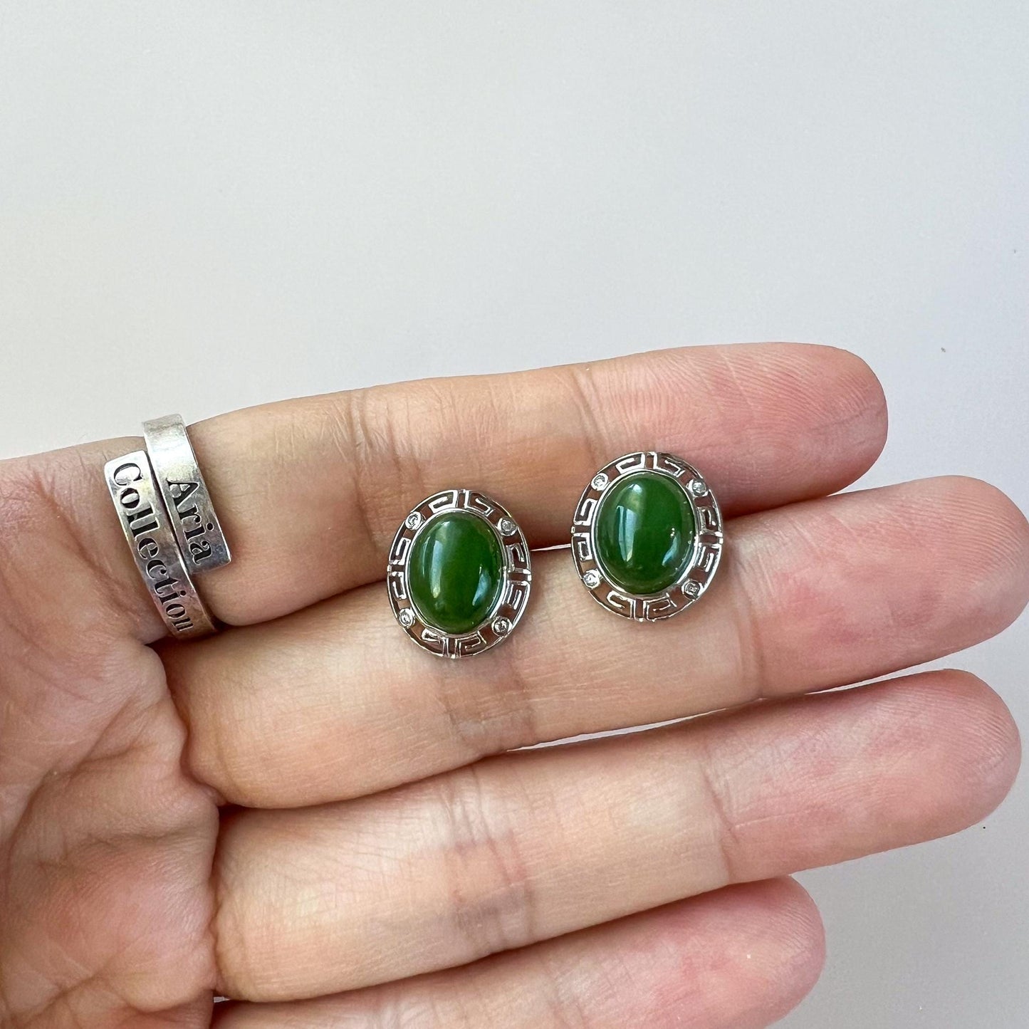 Meander Jade Earring Studs, Green Nephrite Jade Sterling Silver Earrings, JSY-0424-12062