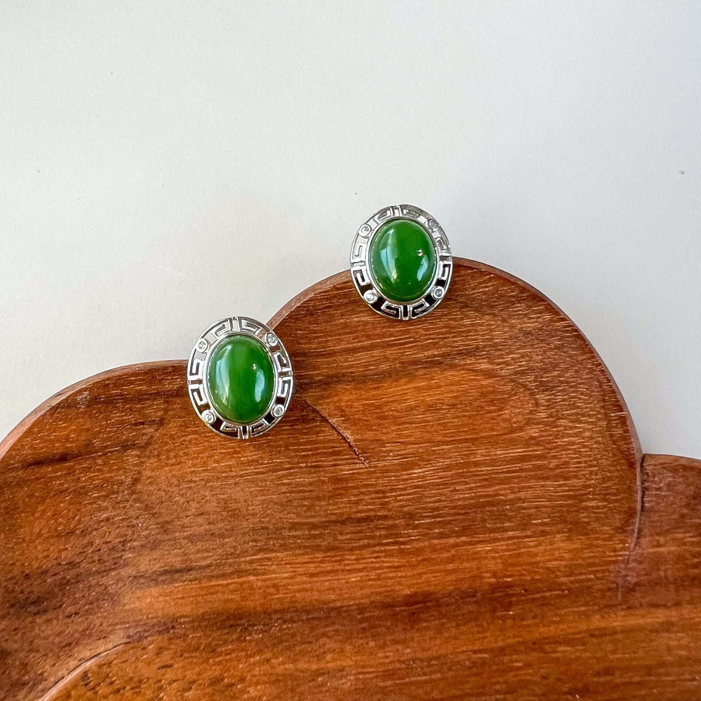 Meander Jade Earring Studs, Green Nephrite Jade Sterling Silver Earrings, JSY-0424-12062
