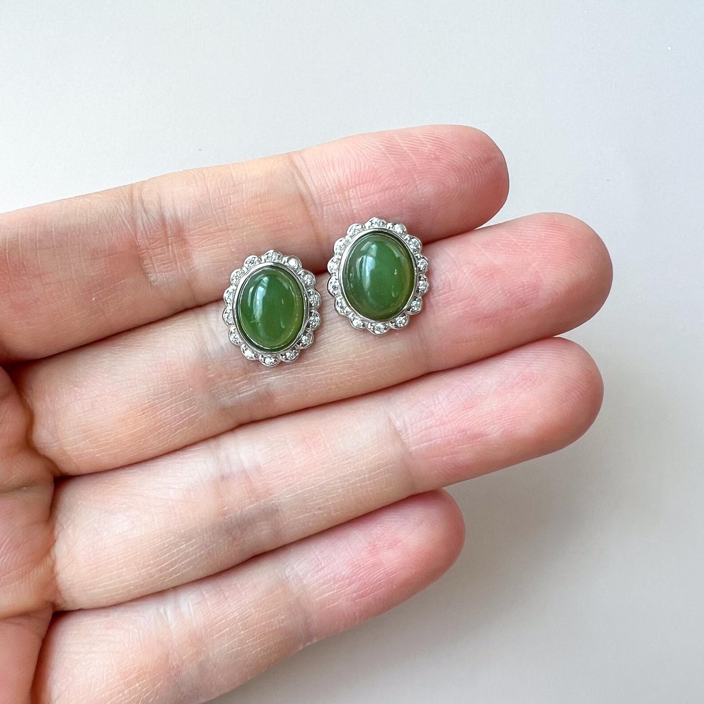 Green Jade Classic Earring Studs, Style 6, Green Nephrite Jade Sterling Silver Earrings, JSY-0424-12073